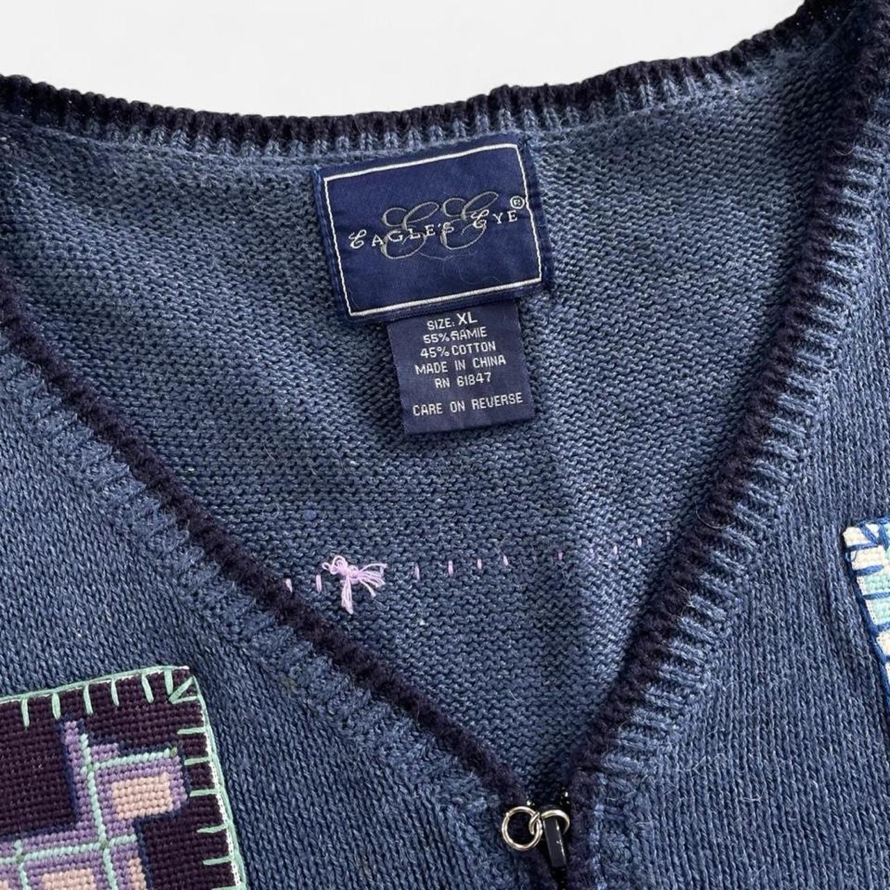 Eagle’s Eye Blue Knit Embroidered Cross Stitch Dog Zippered Sweater Vest Granny