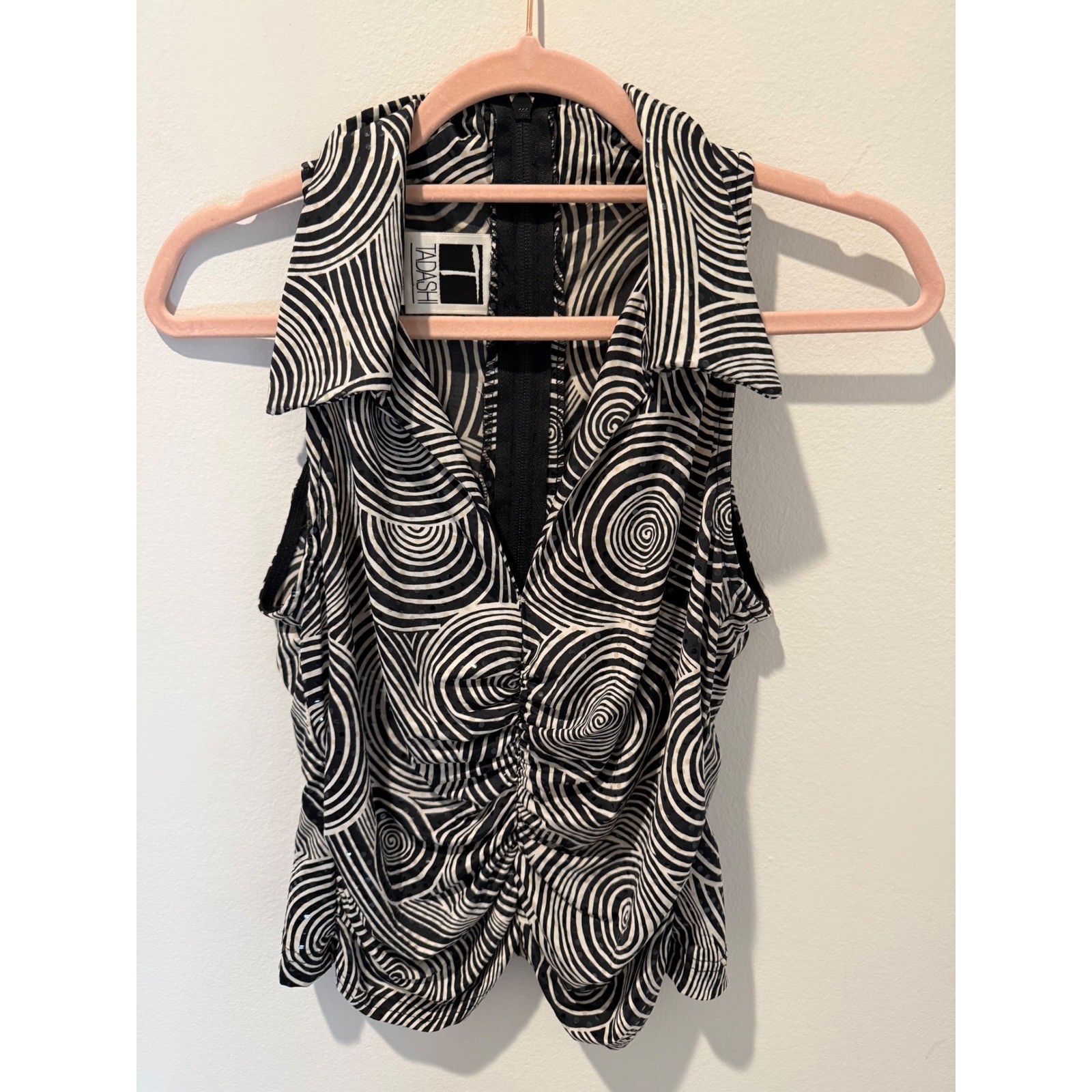 Vintage 90s Tadashi Sequin Zebra Swirl Ruched Sleeveless Top Medium