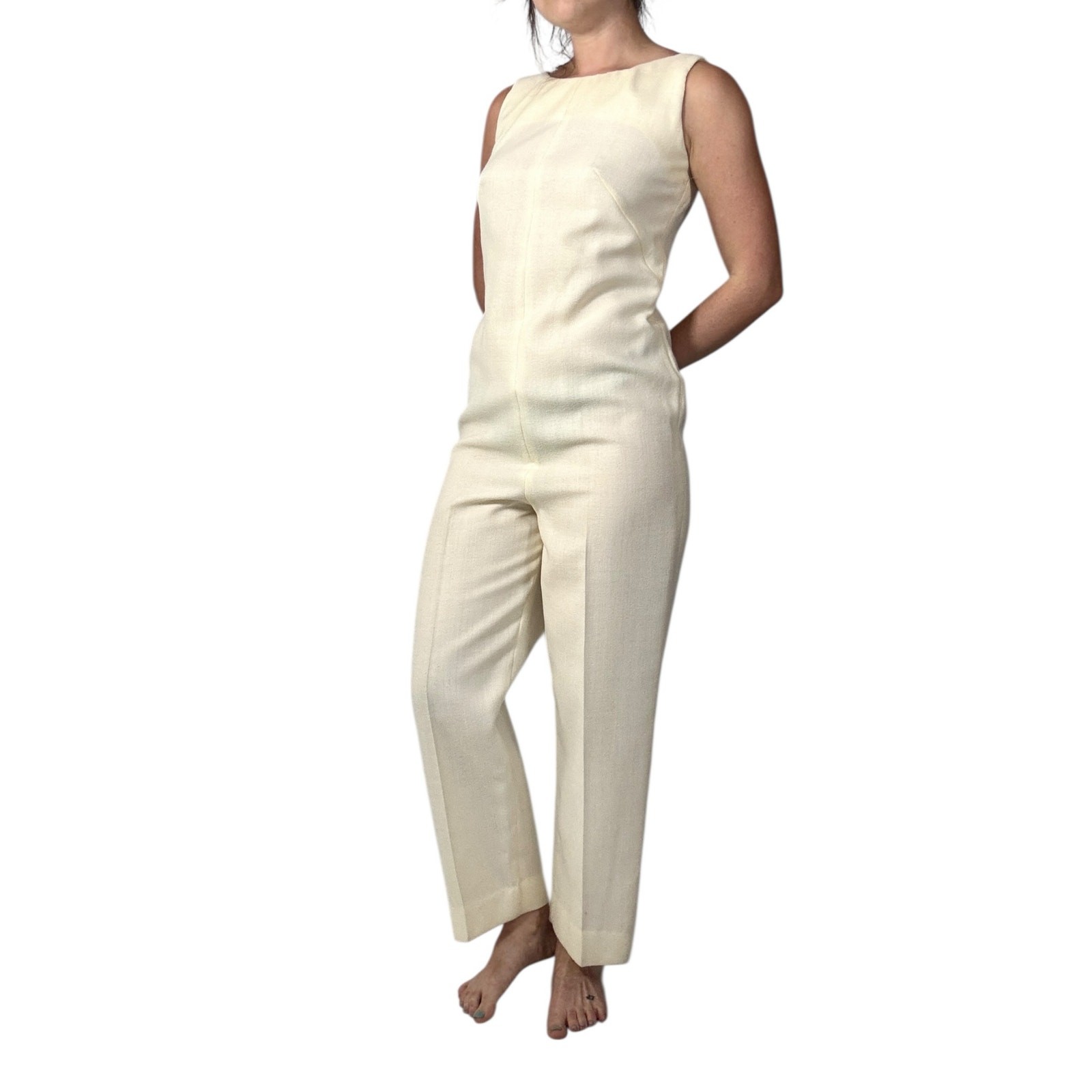 Vintage 1960s White Wool Jumpsuit Peer Label Metallic Gold Polka Dot Cape Mod