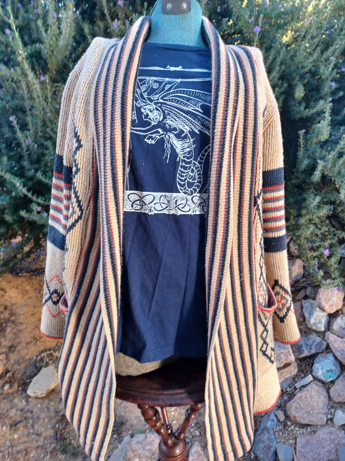 Vintage 70s Boho Geometric Pattern Shawl Collar Cardigan, Wintuck by Sabra