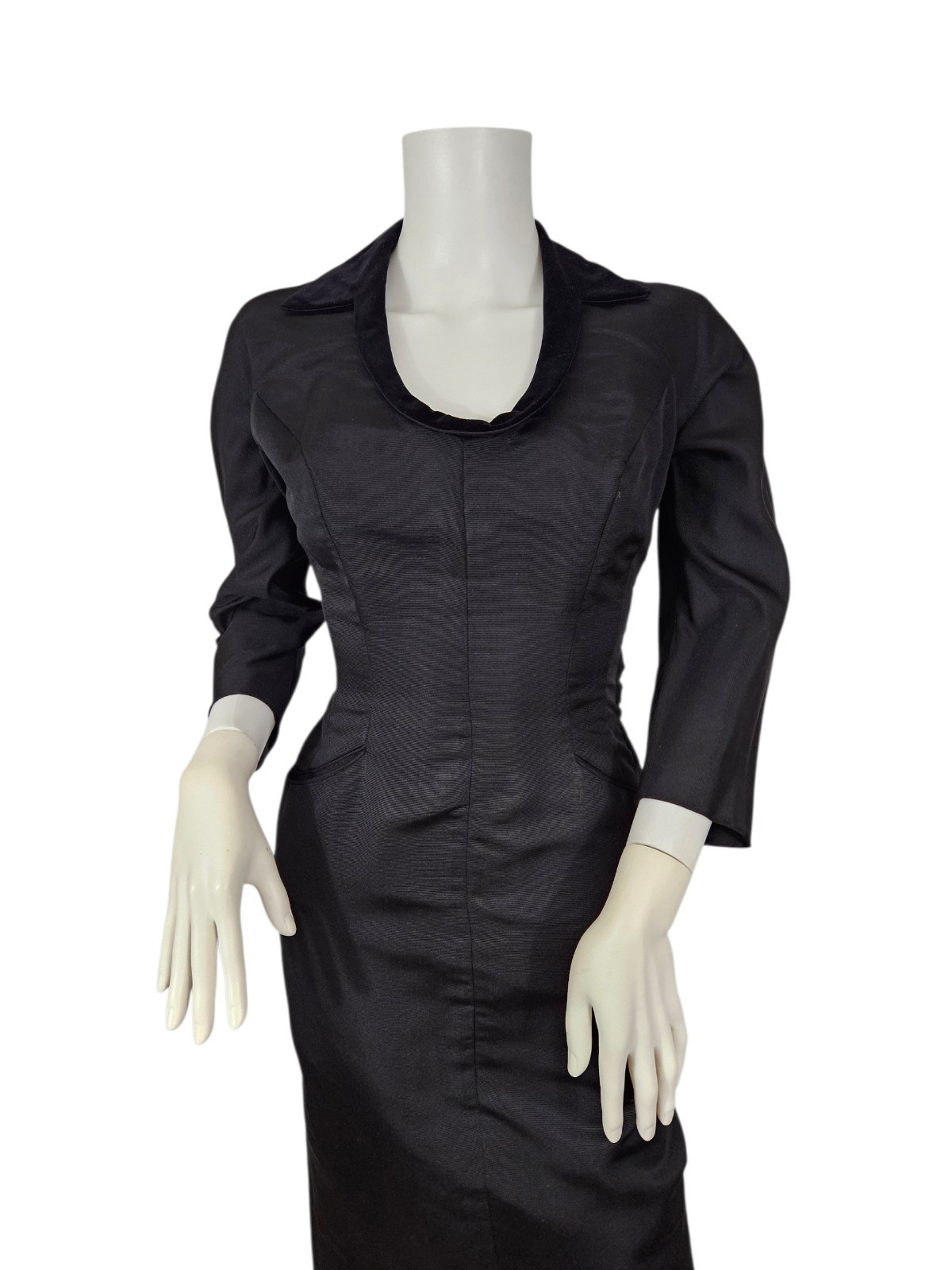 VTG 1950s Black Rayon Faille Hourglass Wiggle Dress Med