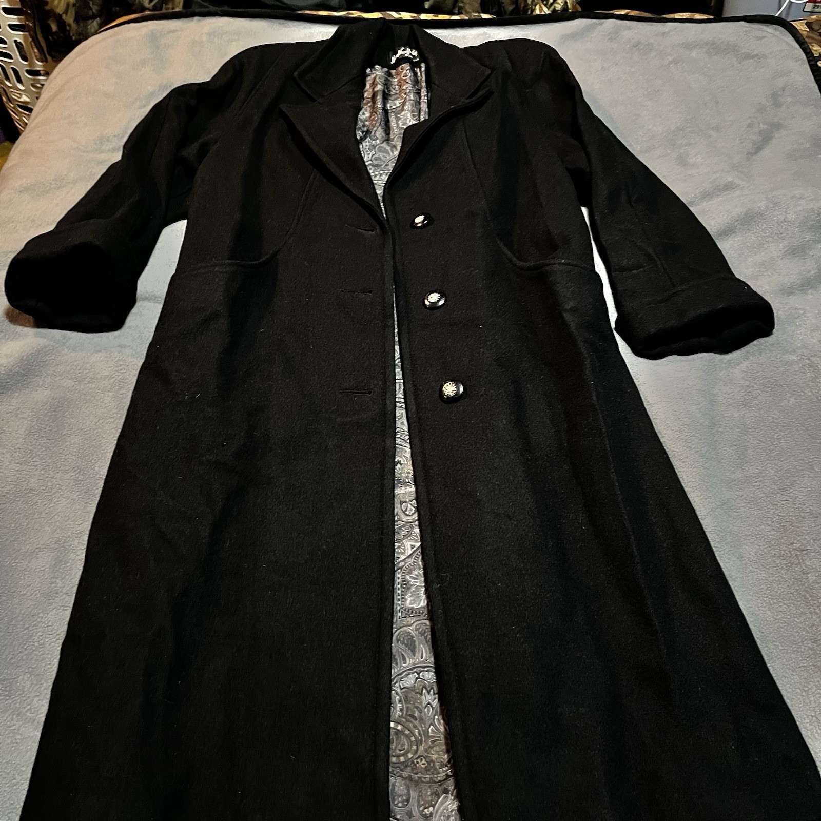 VINTAGE MISS NEW YORKER Full Length Wool Coat Big Buttons Black 44” M/L