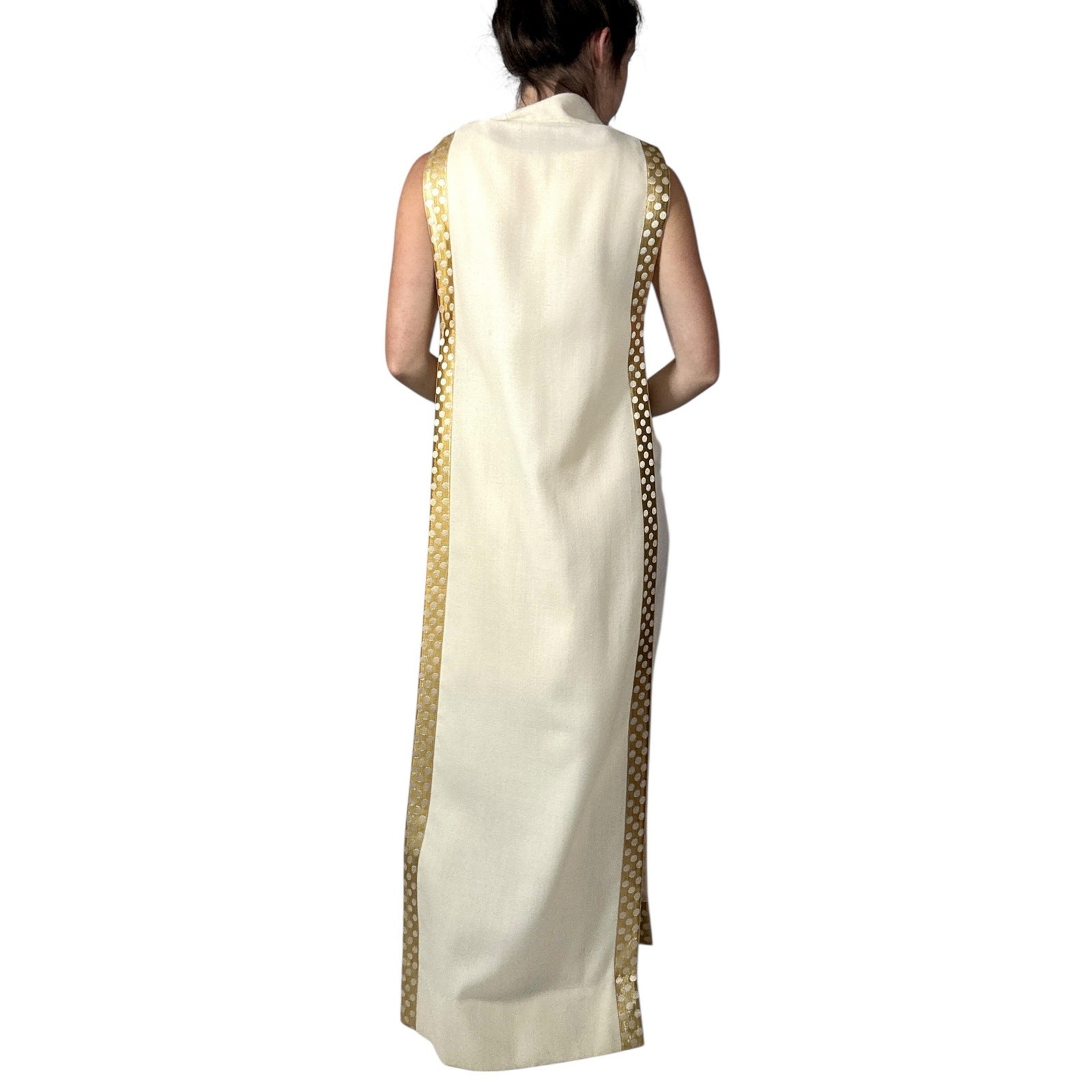 Vintage 1960s White Wool Jumpsuit Peer Label Metallic Gold Polka Dot Cape Mod