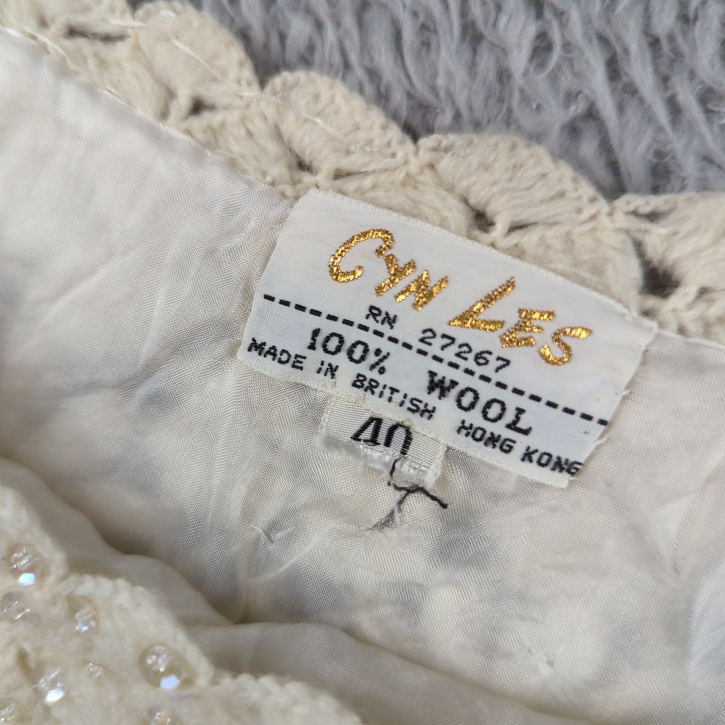 Vintage 1960s Cyn Les Sweater Top Women 40 White Wool Beaded Lined Granny Square