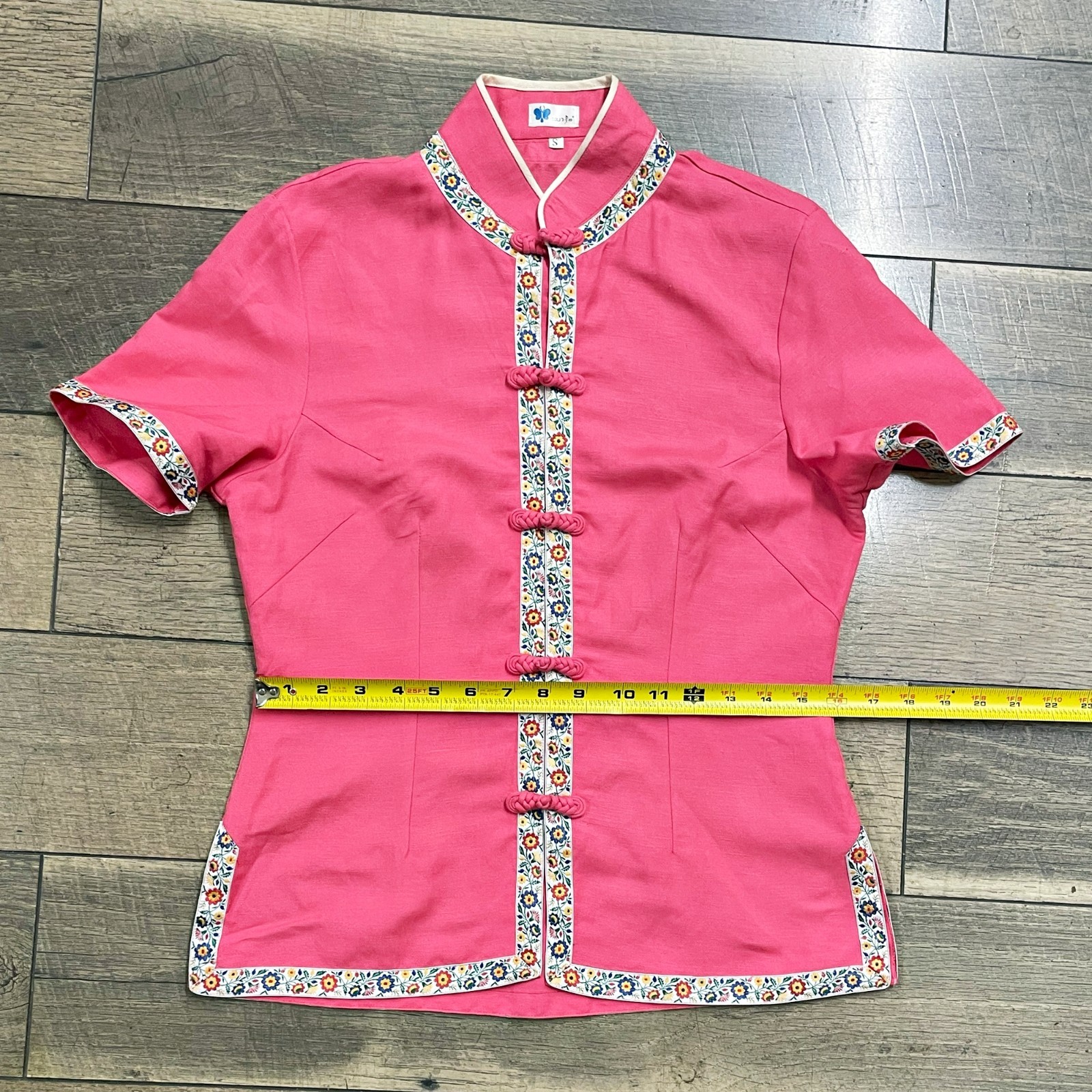 Vintage 90s Chinese Blouse Pink Floral Trim Frog Buttons Size Small