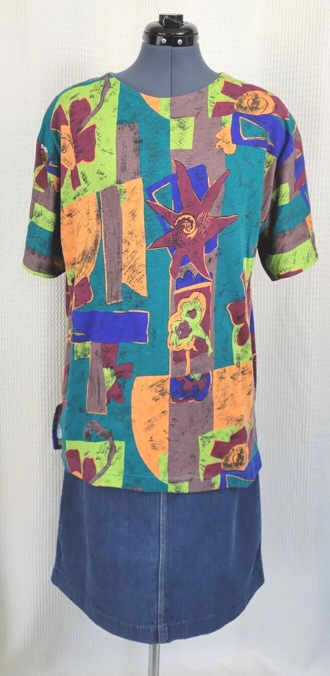 Vintage Forenza Graphic Print Tee in Teal/Burgundy/Orange/Brown/Blue Sz Large