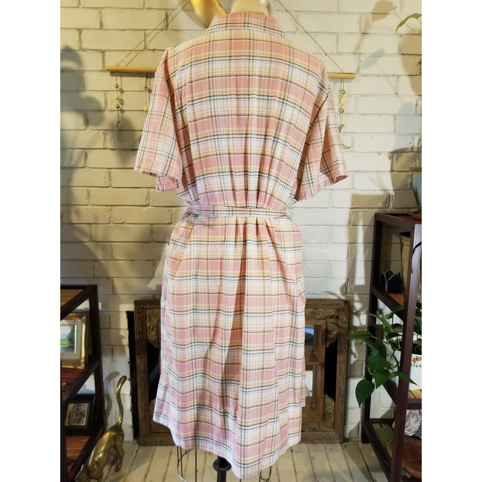Vintage 70s Sears Pink Plaid Zip Front House Dress Pocket Belted XL 1X