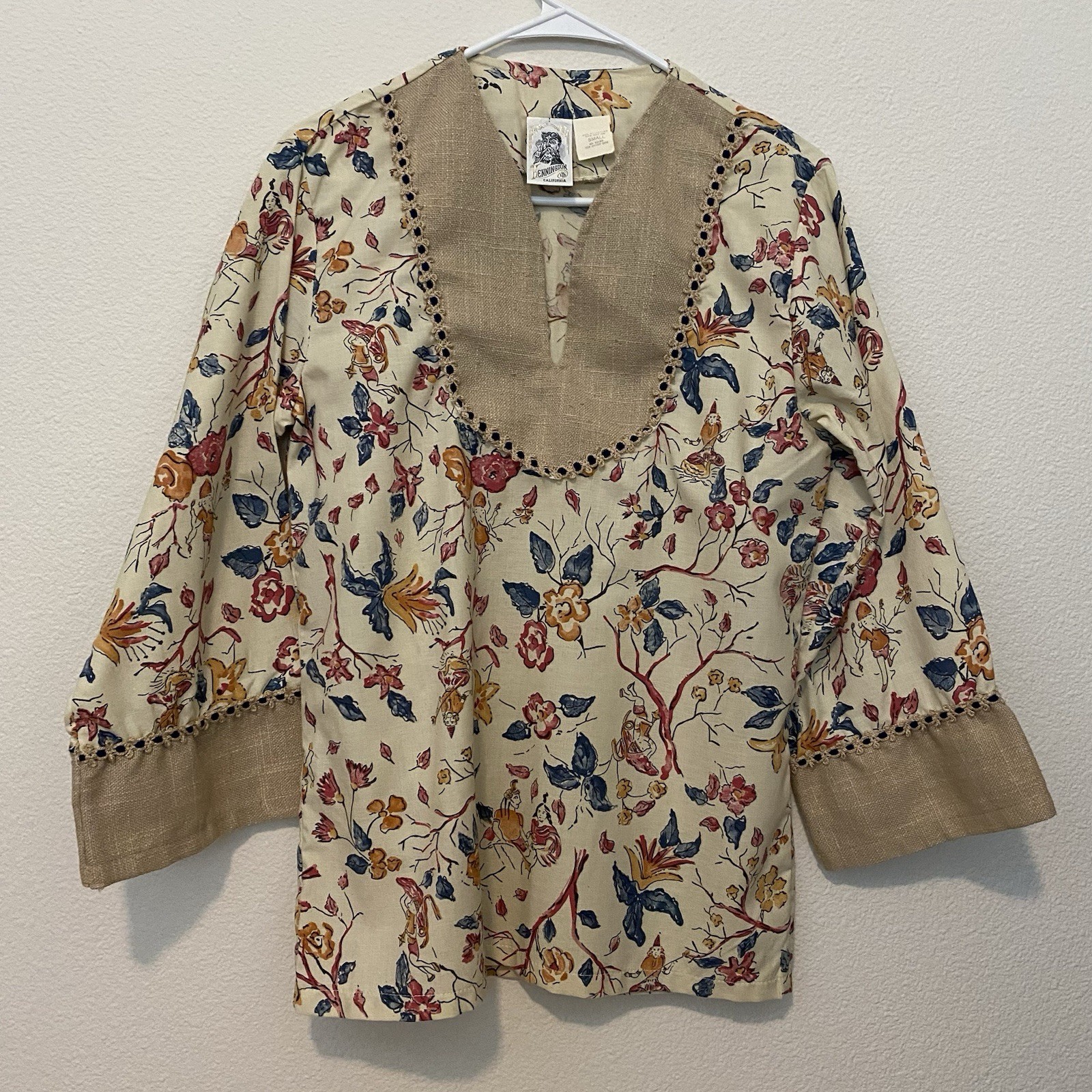 Vintage Kensington California Women’s S Cotton Blend Jute Tunic Shirt Hippie