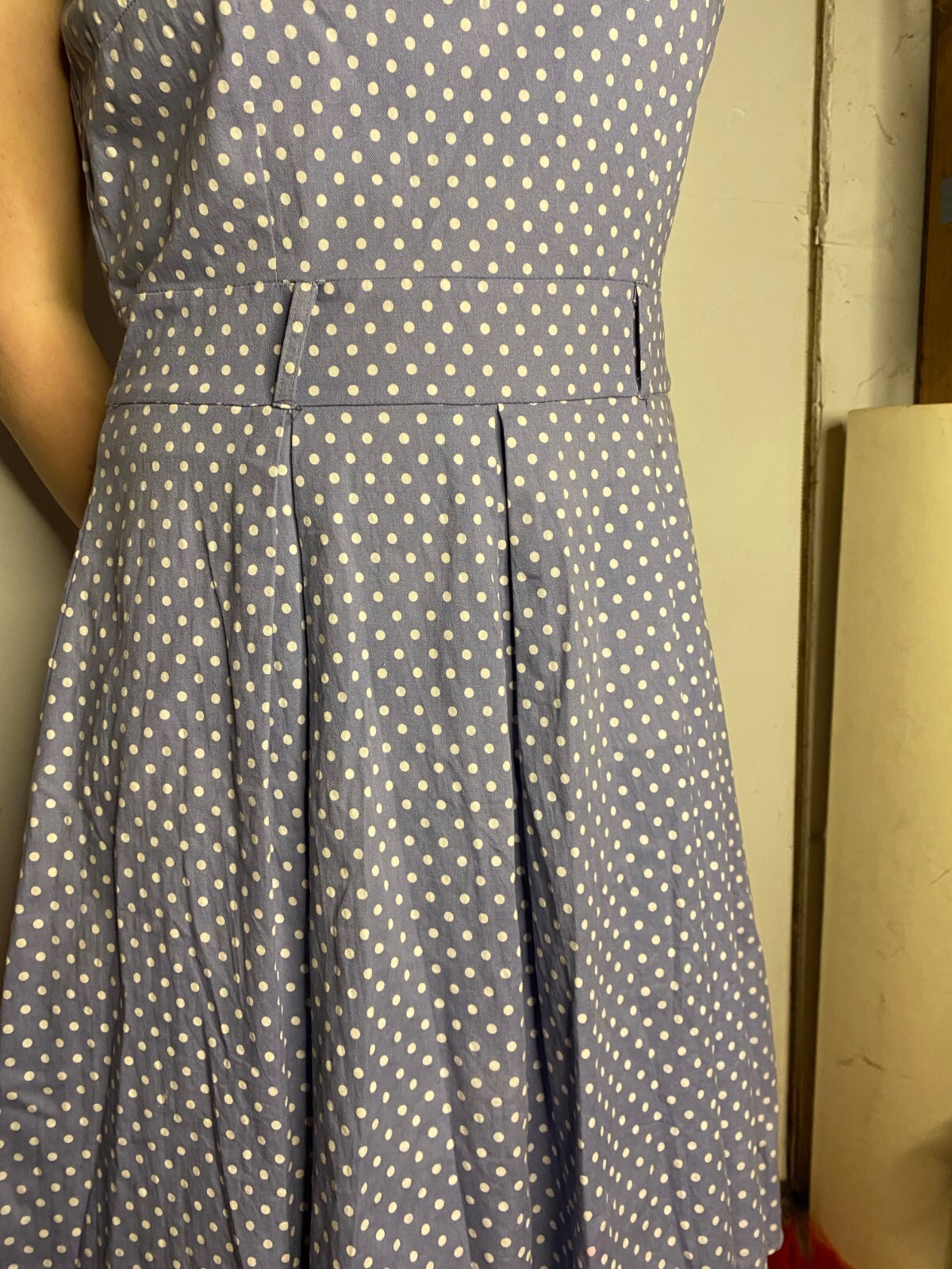 Vintage 1980s Pale Blue Polka Dot Box Pleat Party Sun Dress AU 14