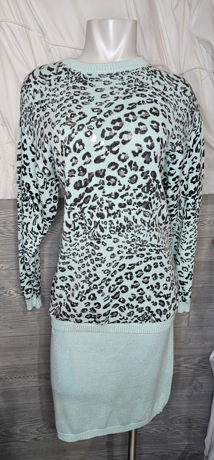 80S VINTAGE NANNELL MOLTO FINO LEOPARD CHEETAH Aqua KNIT SWEATER SKIRT 2 PC SET