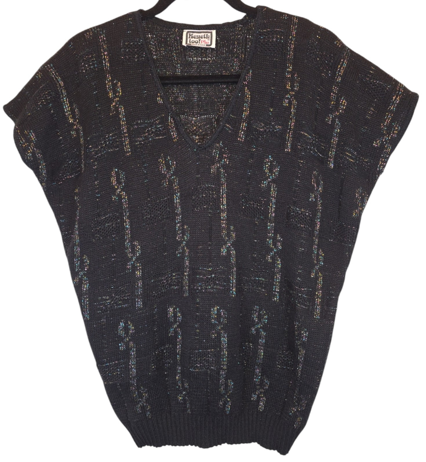VTG 90s Womens 1X Black Sparkly Sweater Keneth Too! Crop Sleeve V Neck Metallic