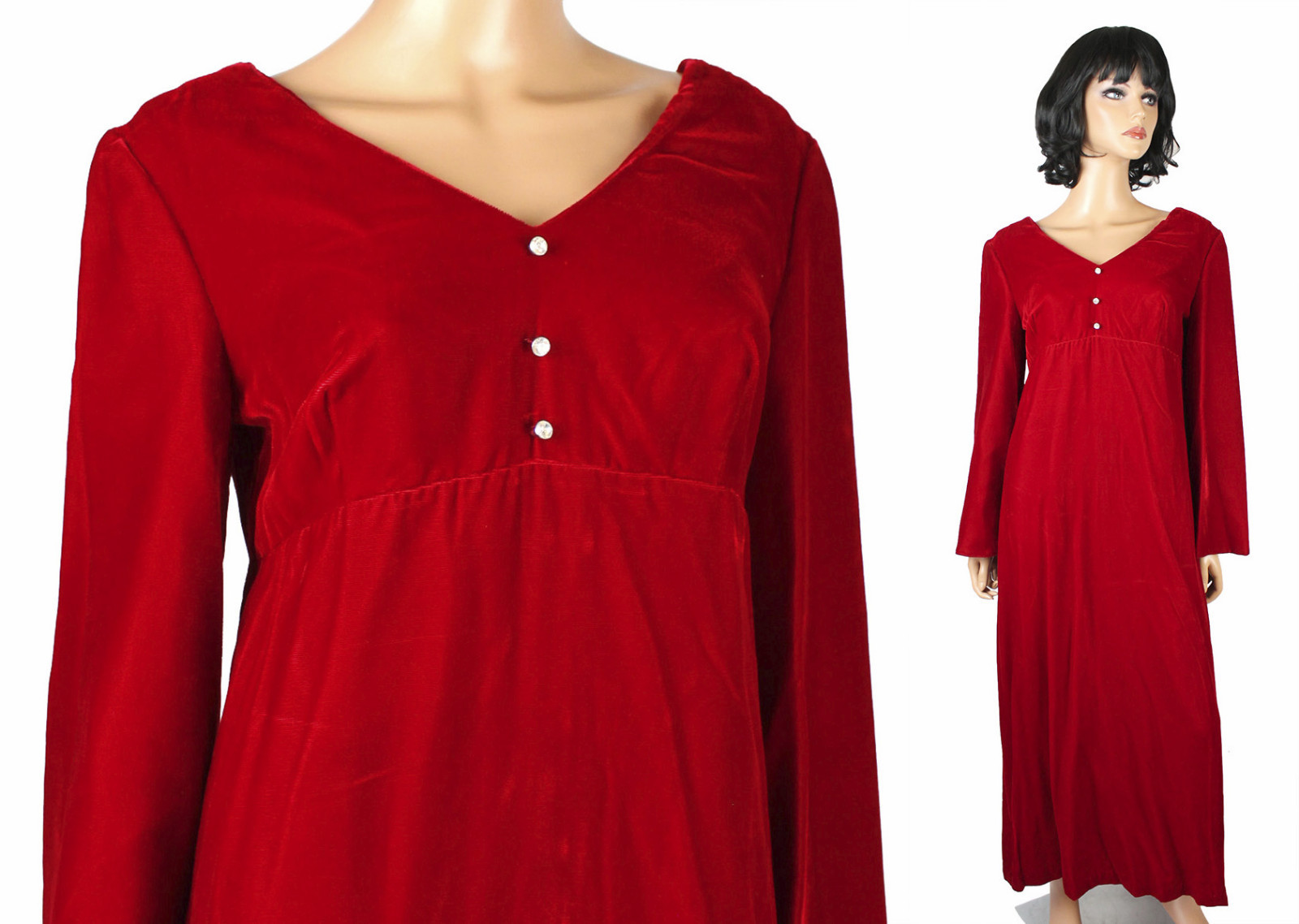 70s Bell Sleeve Dress Sz M Vintage Red Velvet Medieval Renaissance Gown Juliet