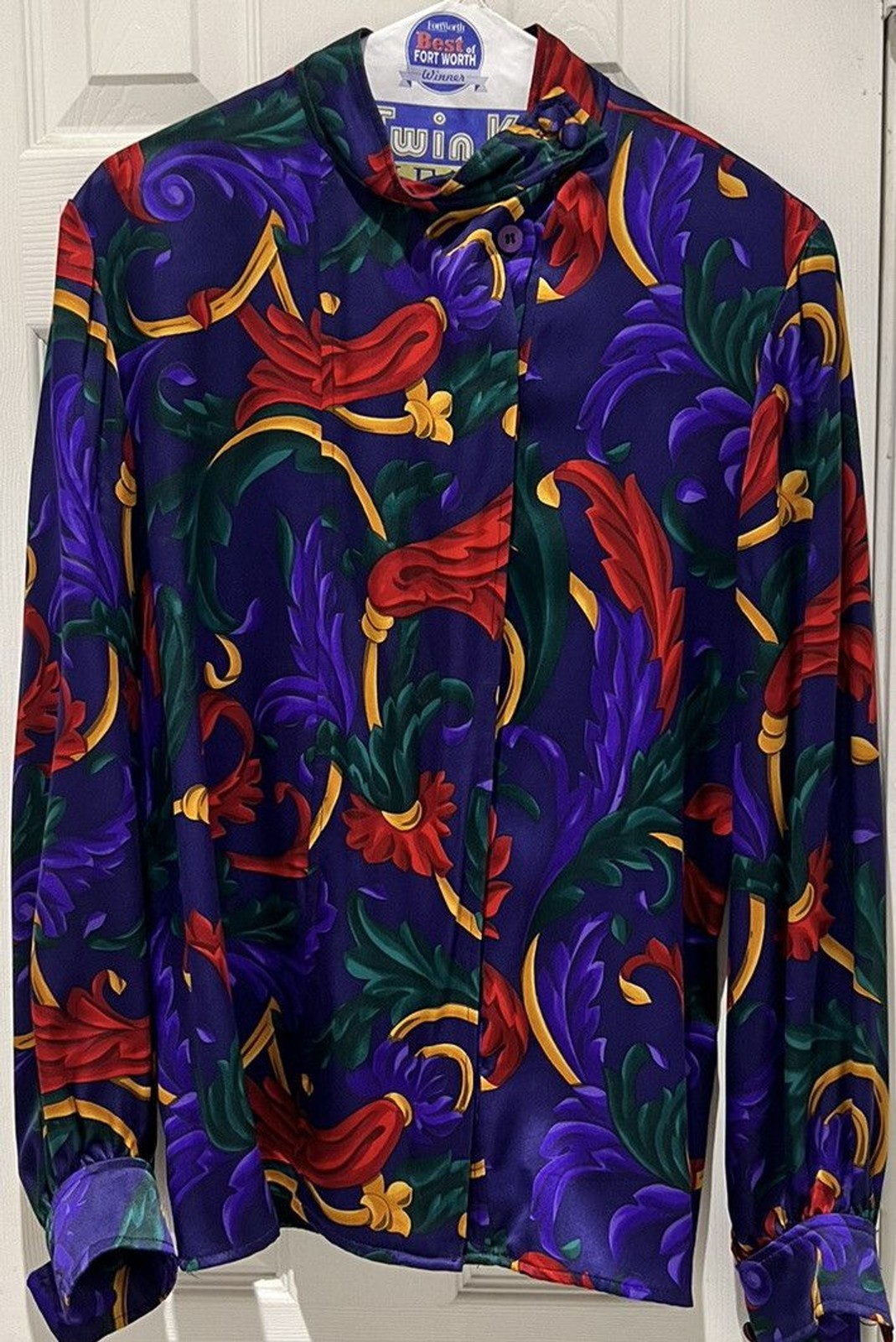 Gloria Sachs Multicolored Floral & Swirl green Red purple Button Up blouse Sz 10