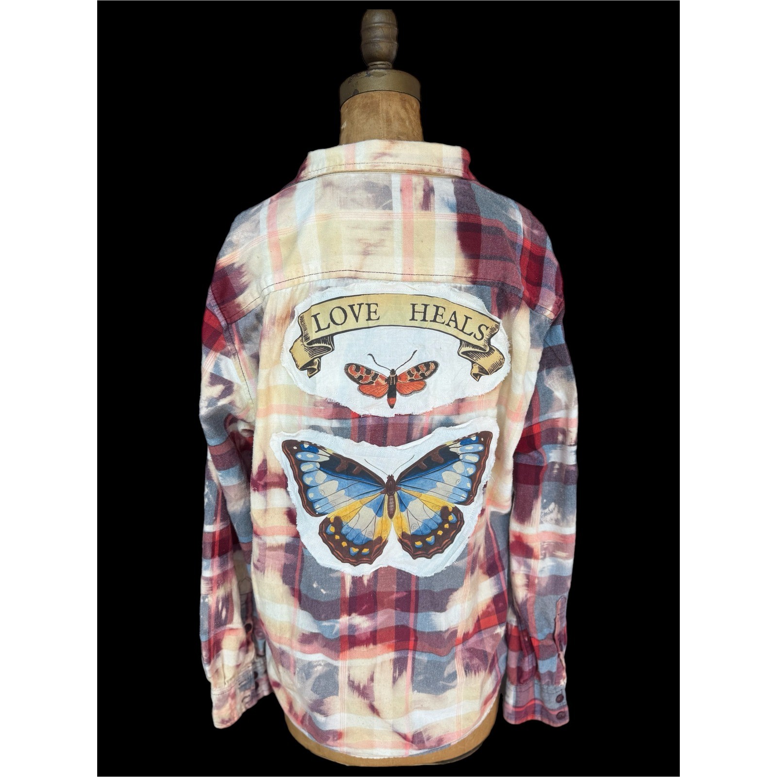 Upcycled Butterfly Flannel Shirt Large Bleach Dyed Love Heals Cotton