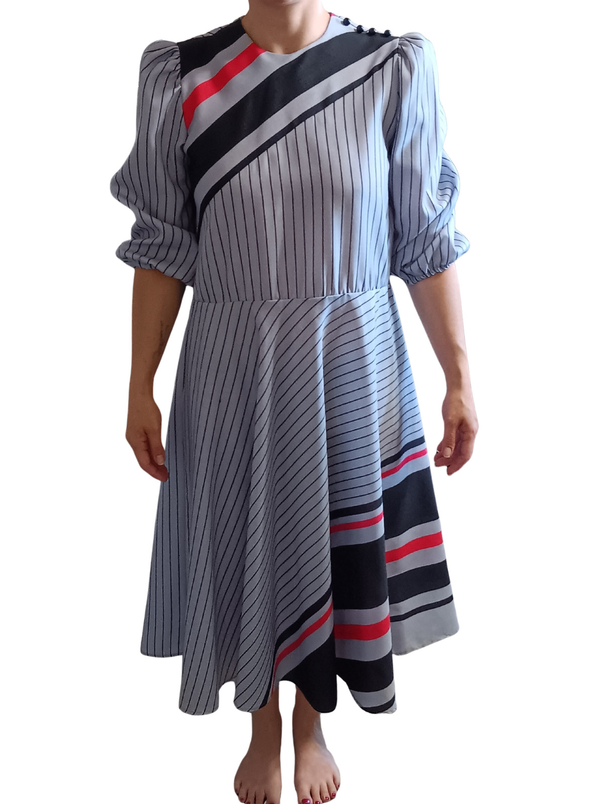 Vintage Encore Dress Gray Grey Black Red Striped New Wave 1980s 1990s 80s 90s M