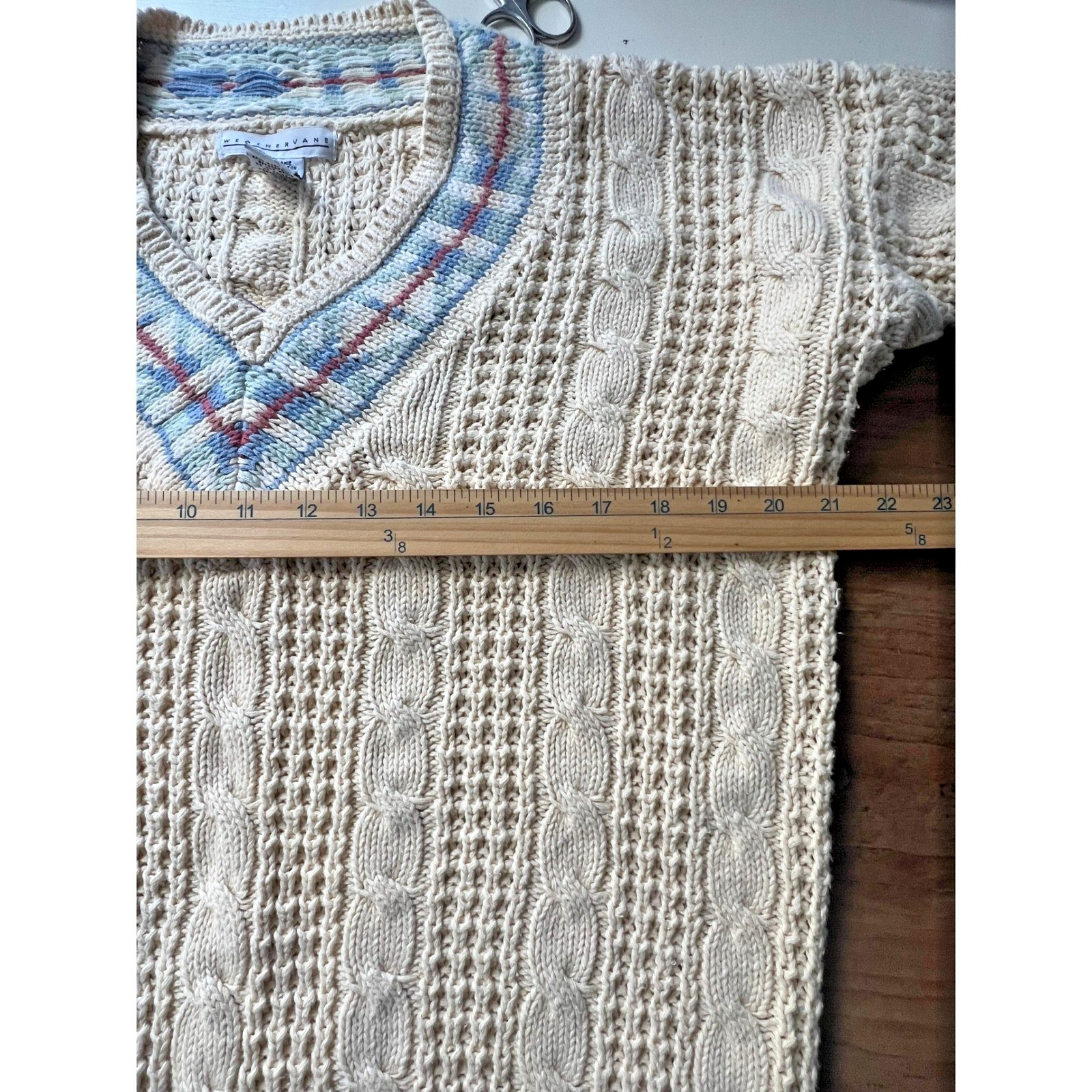 Weathervane Sweater vtg Cable Knit V-Neck Cream argyle neck SM preppy tennis