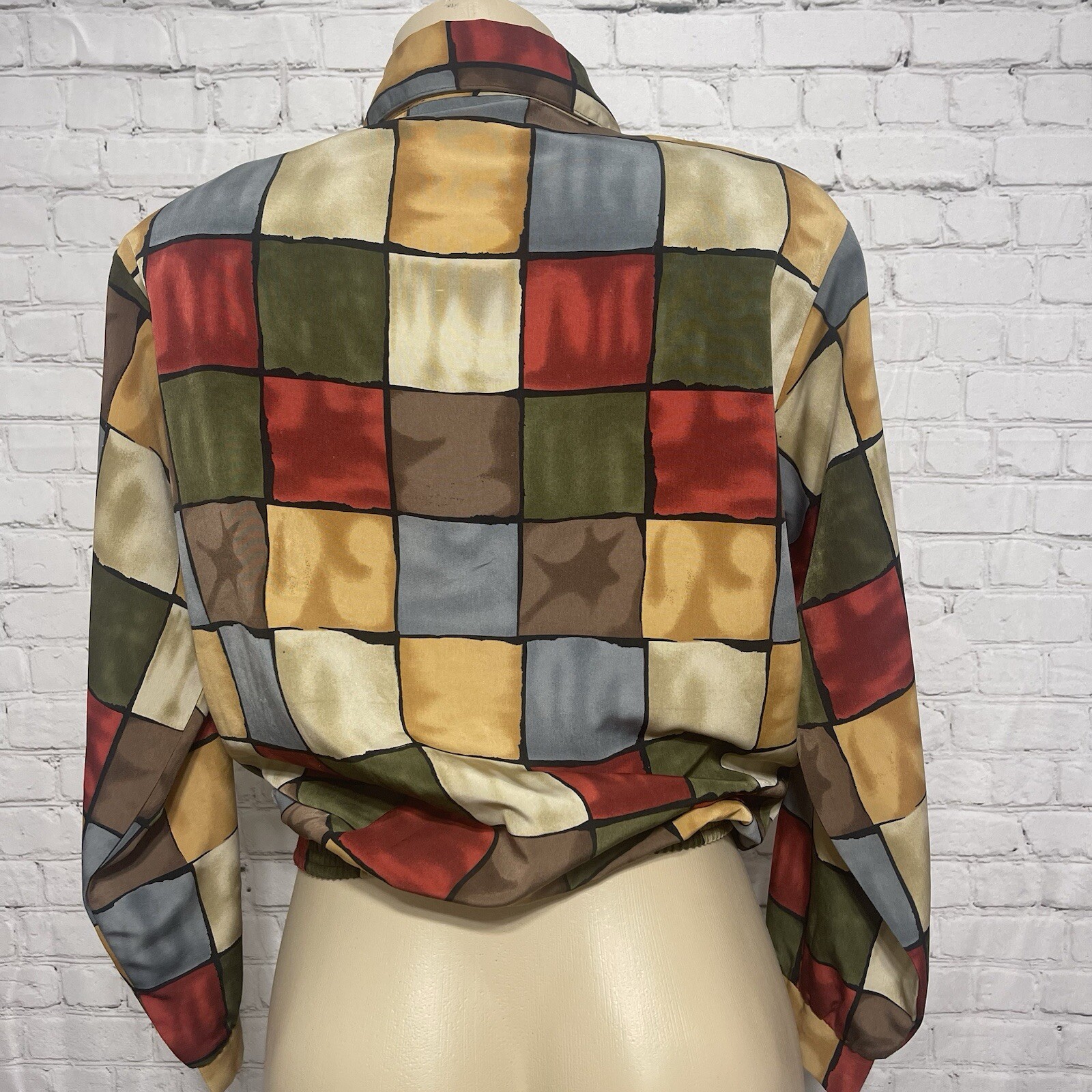 Vtg 80s EXCLUSIF by WHISPERS Windowpane Mosaic Colorblock Zip Front Jacket M