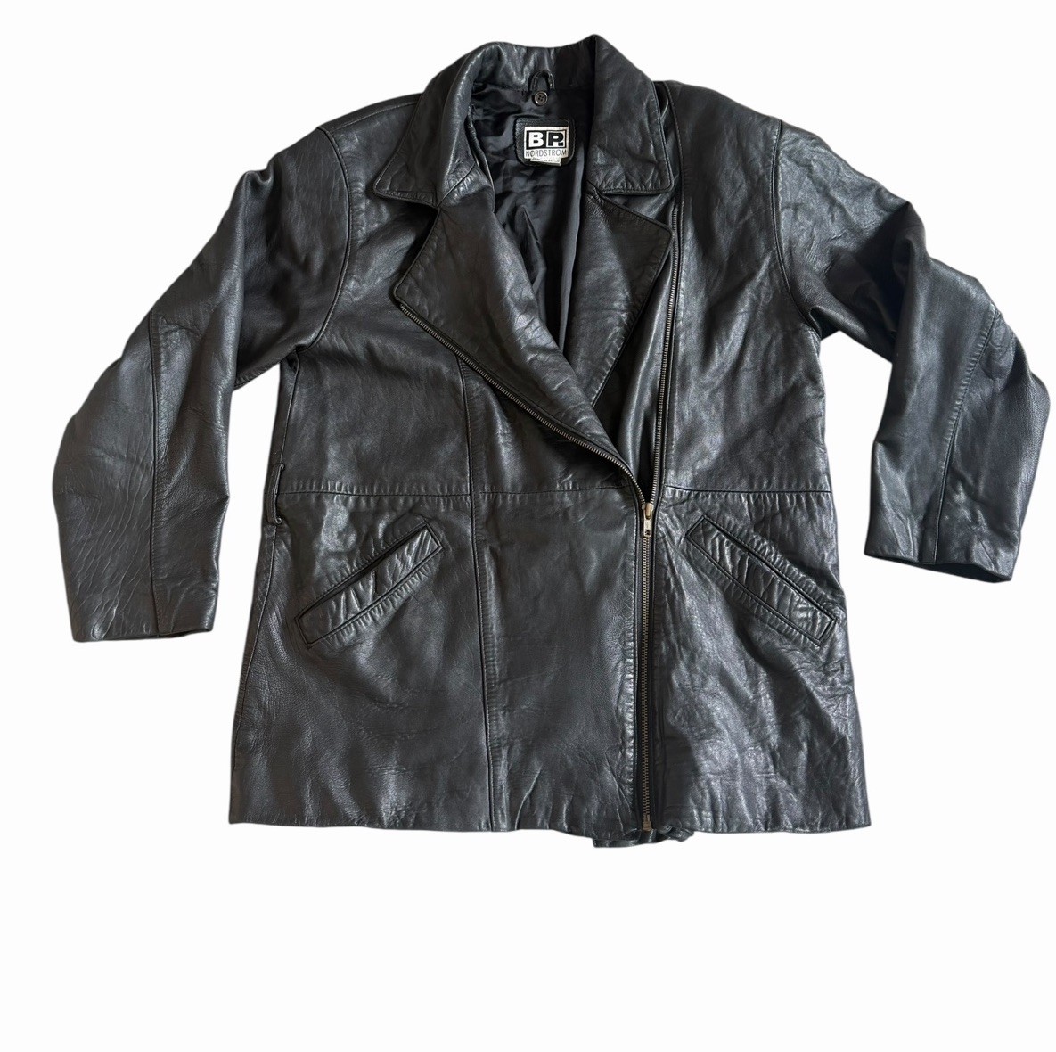 Vtg 90s Brass Plum BP Nordstrom Women’s Black Lamb Leather Jacket Coat L Read