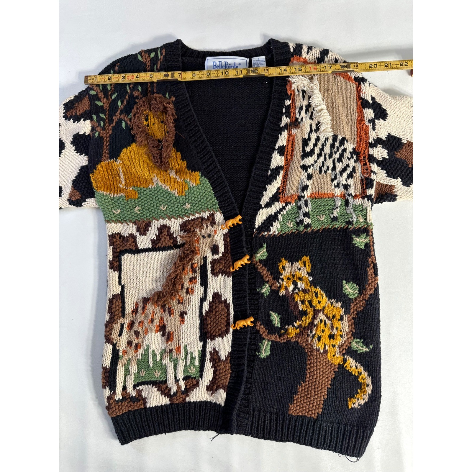 BellePointe Vintage Safari Animal Intarsia Chunky Knit Cardigan Sweater Black S