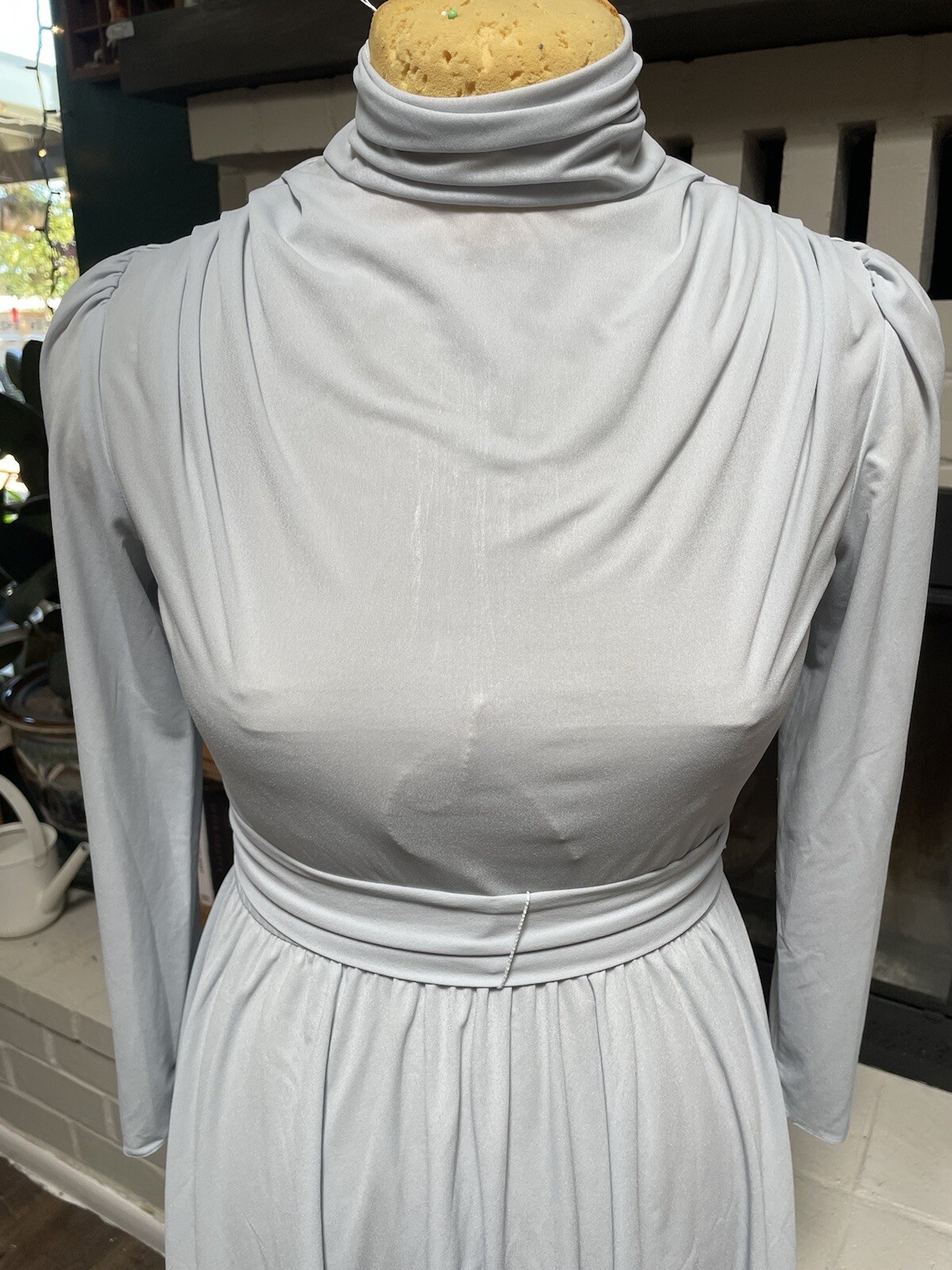 Vtg 70s Icy Blue Polyester Dress Secretary Disco Semi Sheer Puff Sleeve Petite 6