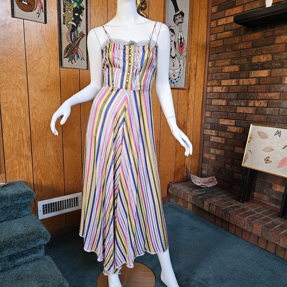 Vintage 40s Rainbow Ribbon Candy Stripe Sleeveless Chevron Swing Midi Dress S/M