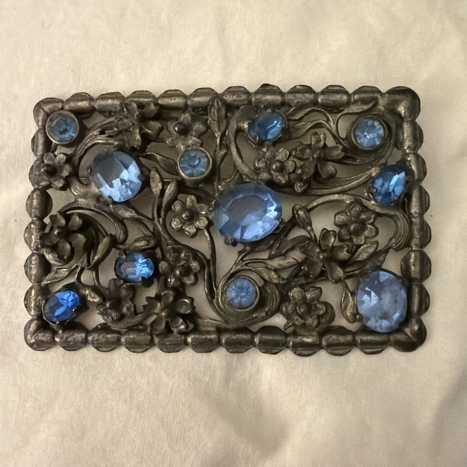 Vintage Ornate Pin Light blue Gems Silver Metal Floral and Vines