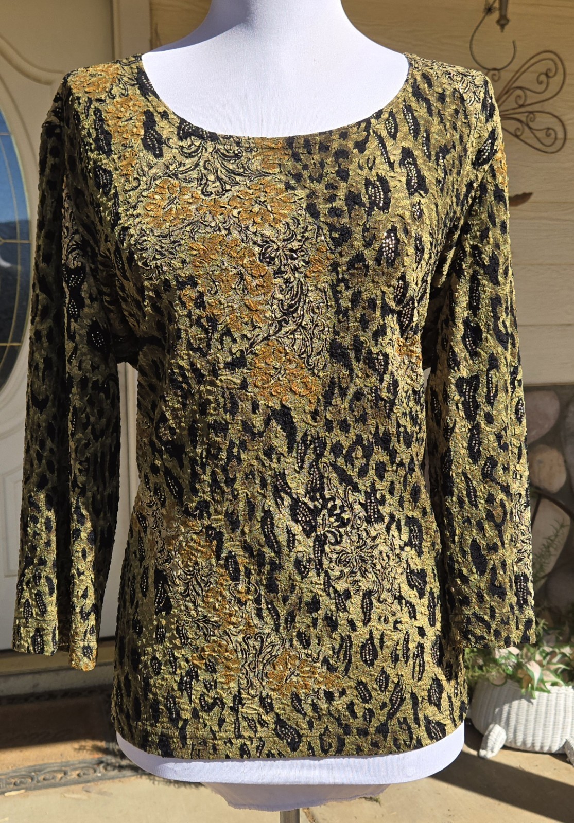 1990s FRENCH LAUNDRY Olive Black And Gold Beaded Sequined Long Sleeve Blouse LG