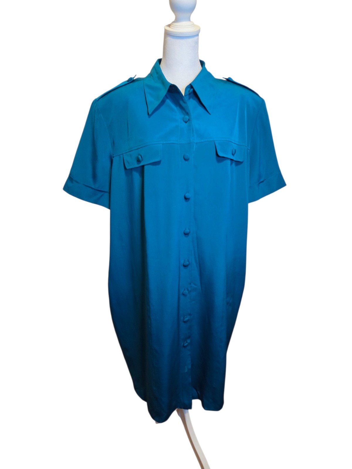 Vintage August Silk 100% Silk Teal Midi Shirt Dress Size 10 Shoulder Pads