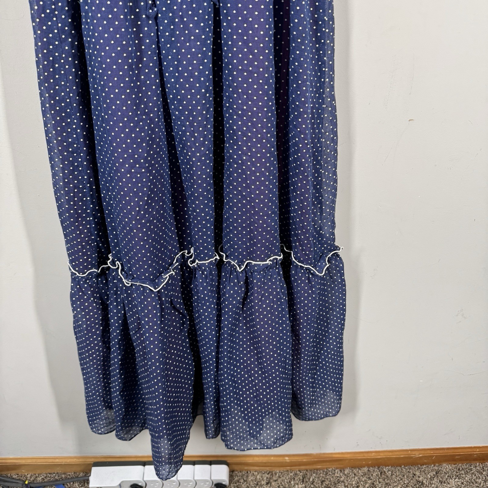 Vtg Ruffle Maxi Dress Sheet Blue Polka Dot Over Lining JC Penny Women Sz 11/12