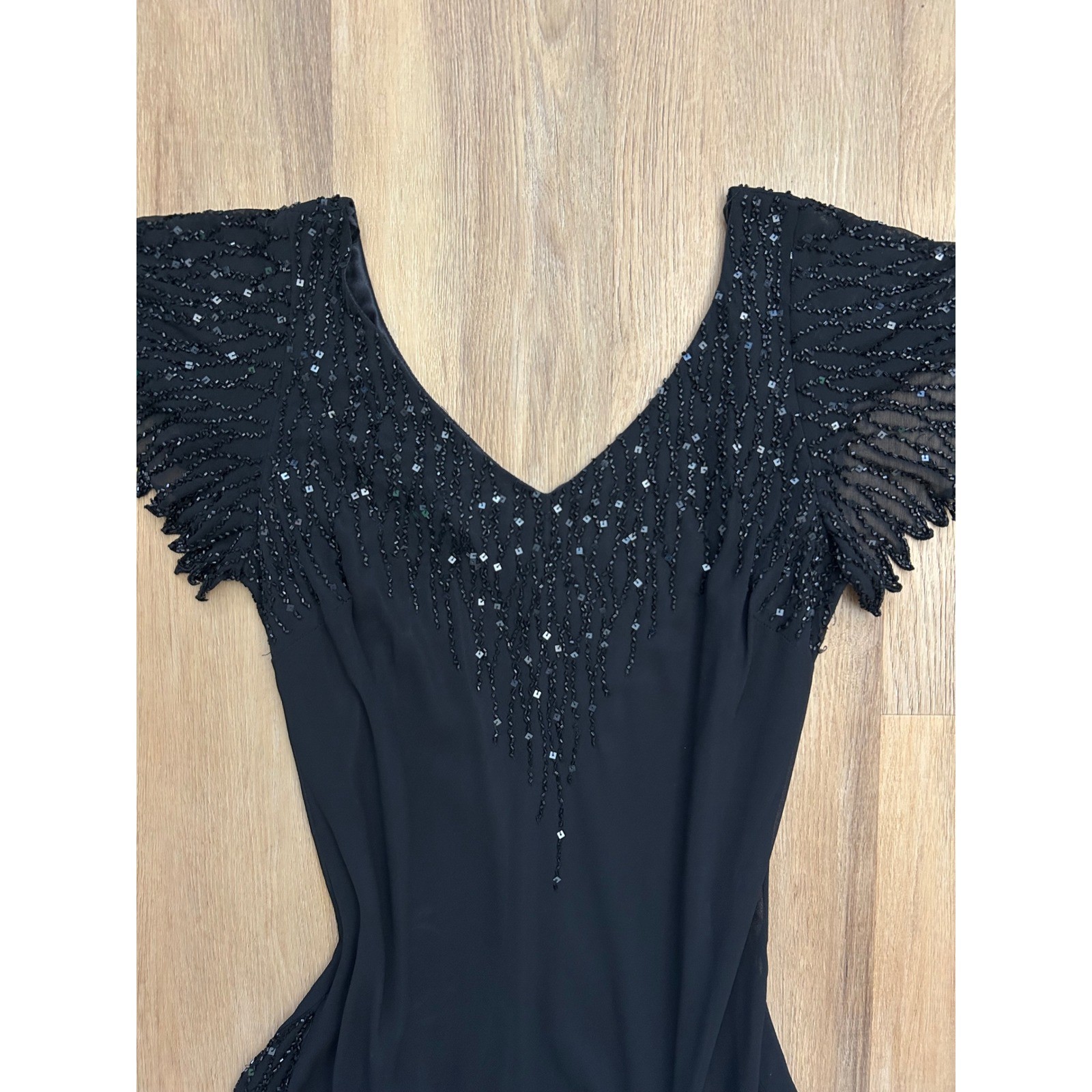 Vtg Black Beaded Handkerchief Hem Dress 16 Whimsigoth Fairycore Dark romantic