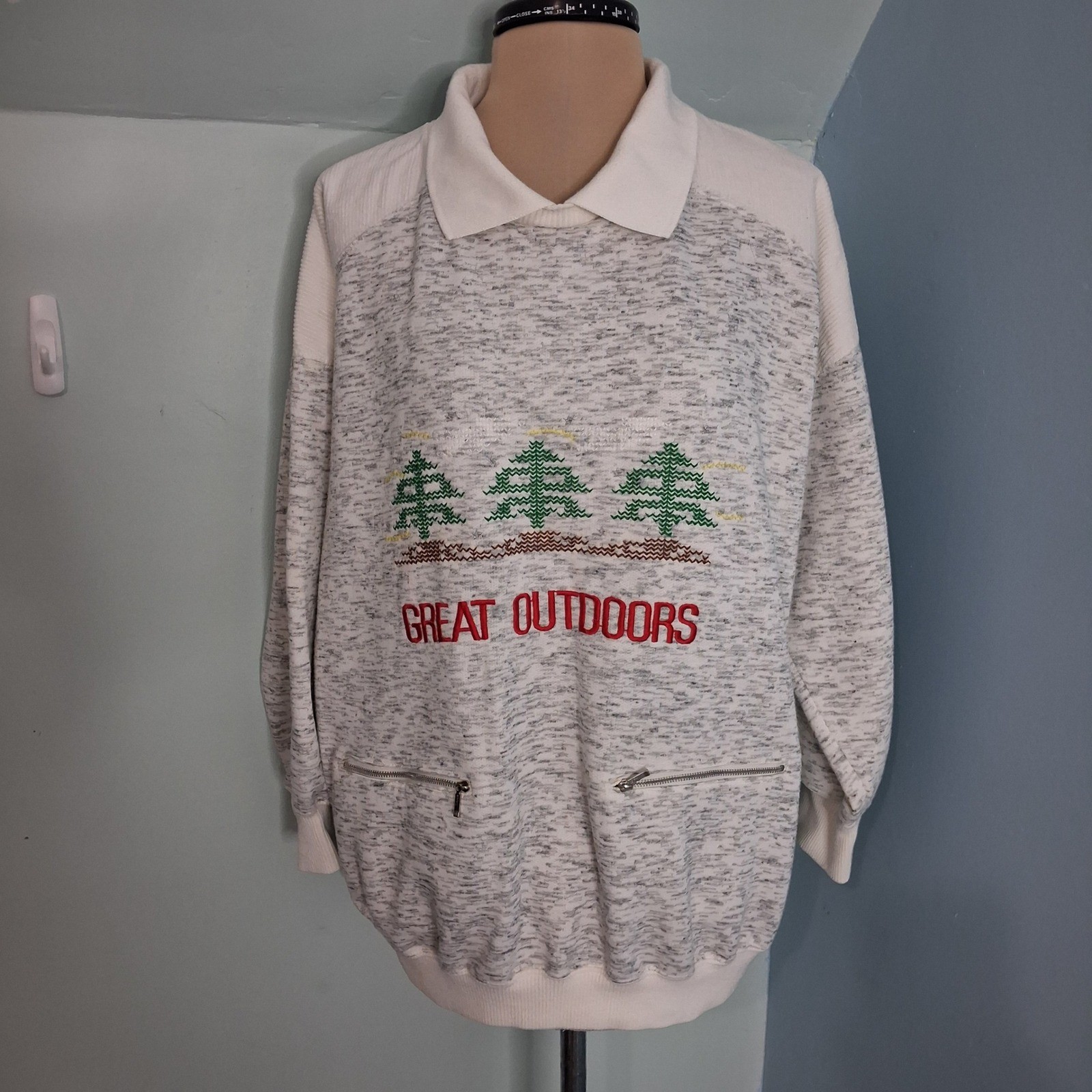 Marcy N Me Patrick Lee VTG Great Outdoors Sweatshirt Grey White Zipper Pocket