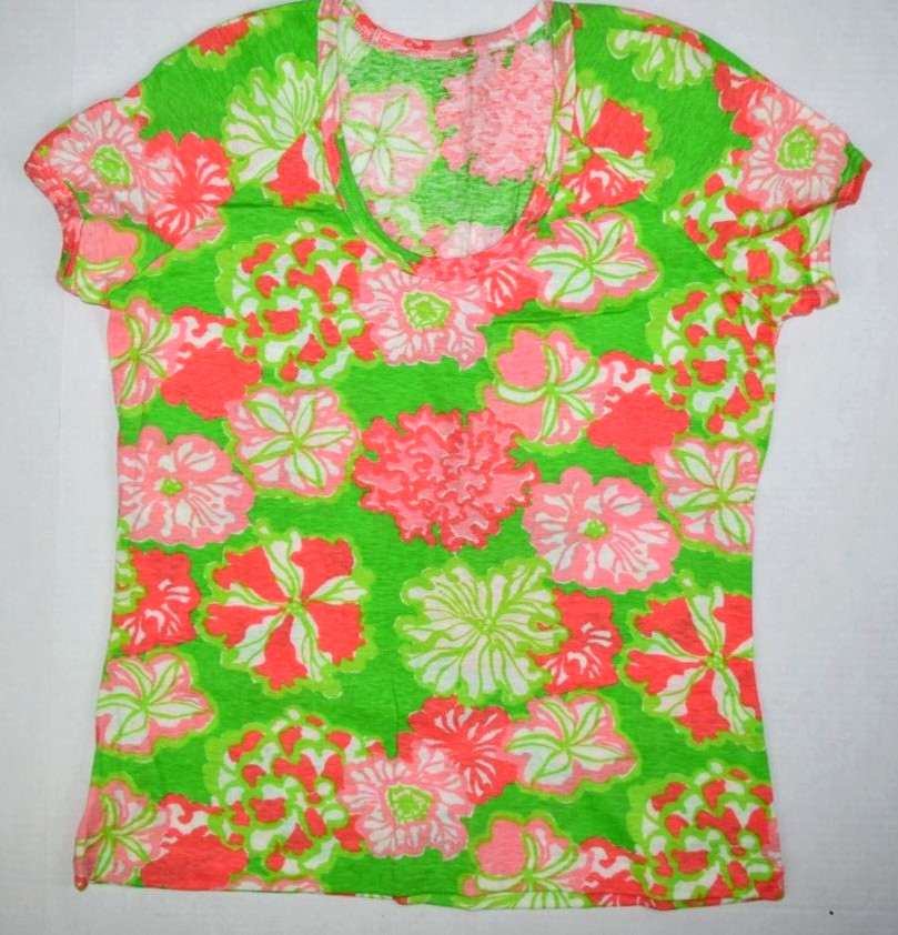 Vintage Lilly Pulitzer T-Shirt Sz M/L 60s 70s Scoop Neck Floral Green Pink