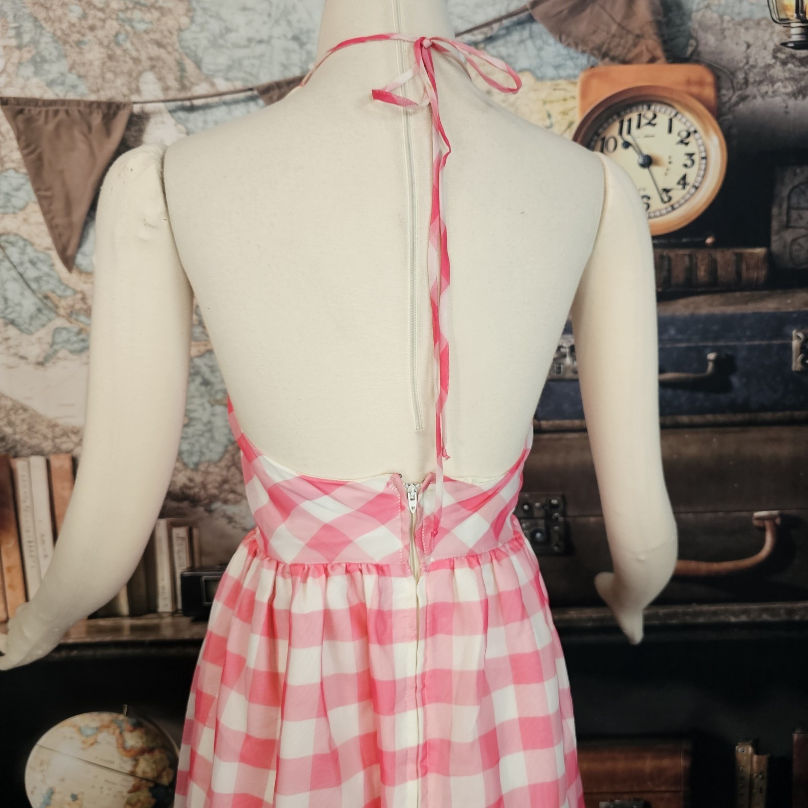 Vintage 1970s Maxi Dress Sundress Pink and White Gingam Check Ruffled V-Neck