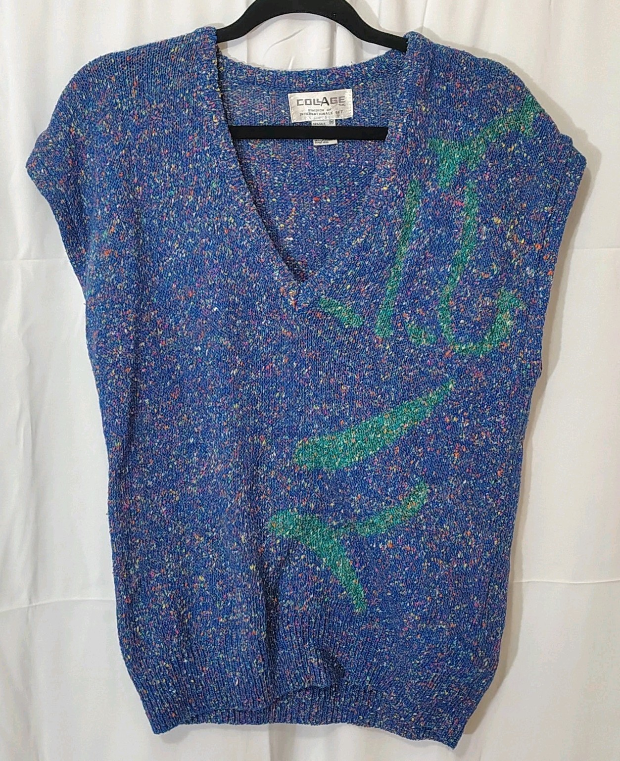 VTG Collage Sleeveless Sweater Vest Womens M Wool Silk Blend V-Neck Pullover EUC