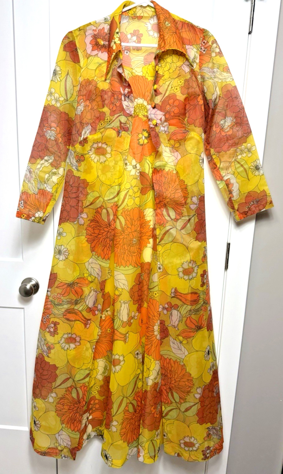 Vtg 60’S Groovy Orange Yellow Sheer Floral Maxi Dress Stiff Chiffon Long Jacket