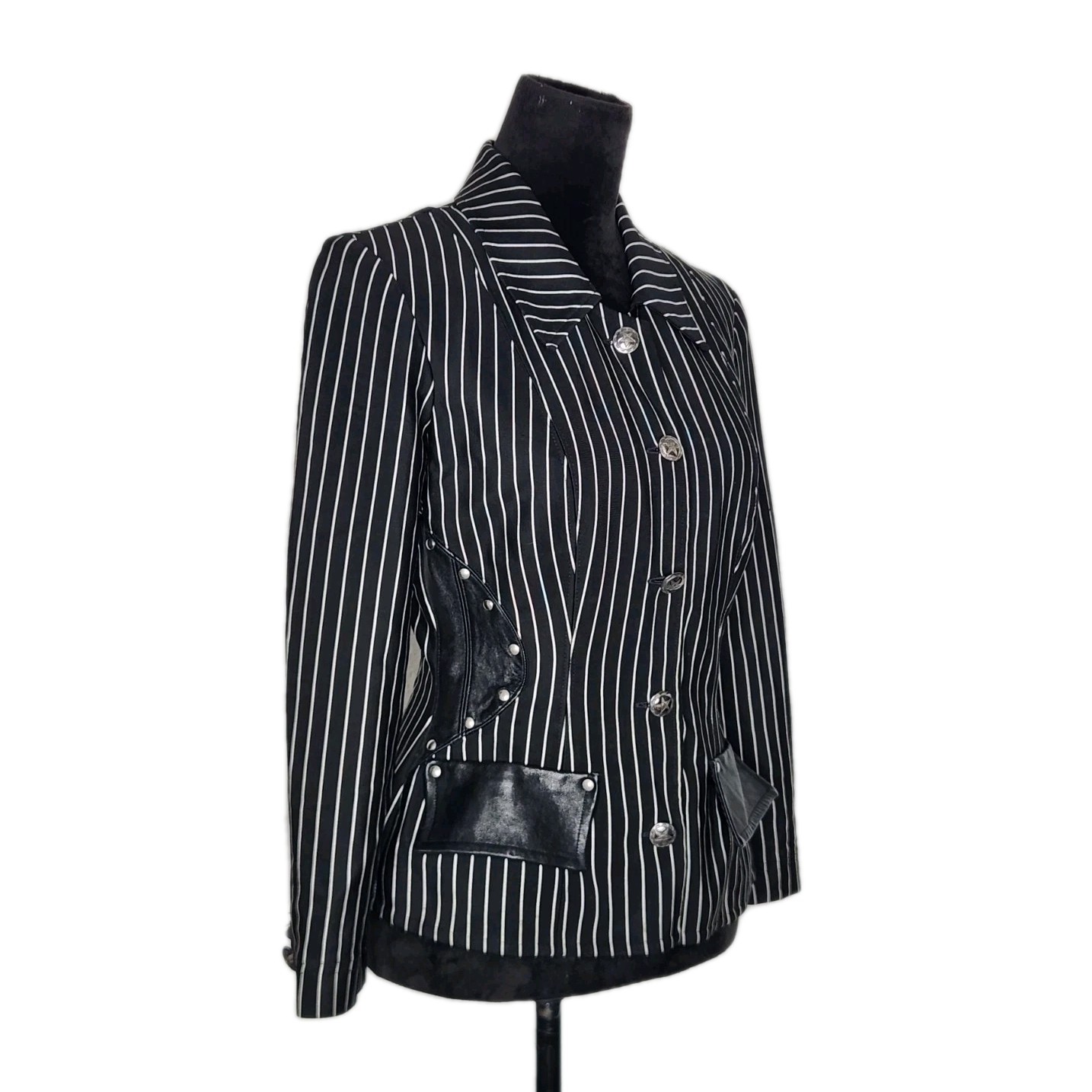 John Murrough Vtg Black Pinstripe Studded Leather Blazer Womens Size Small USA