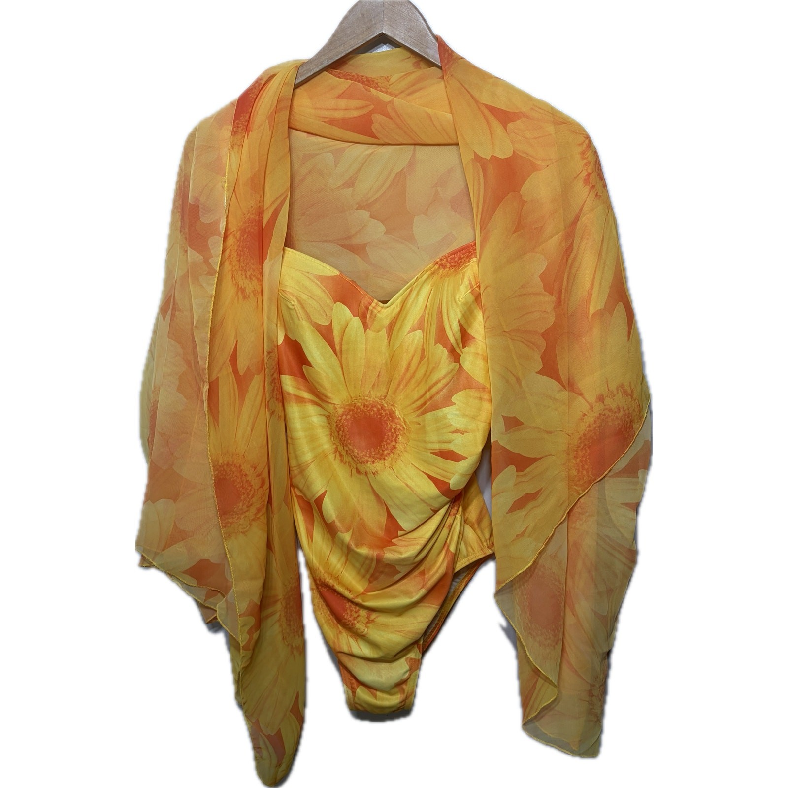 VTG fredericks of Hollywood Swimsuit Shawl Set Yellow Floral Vacation Resort 14