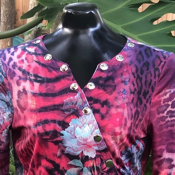 Vintage Top Animal Print Tiger Print Floral 3/4 Sleeve Fitted Women’s Size M
