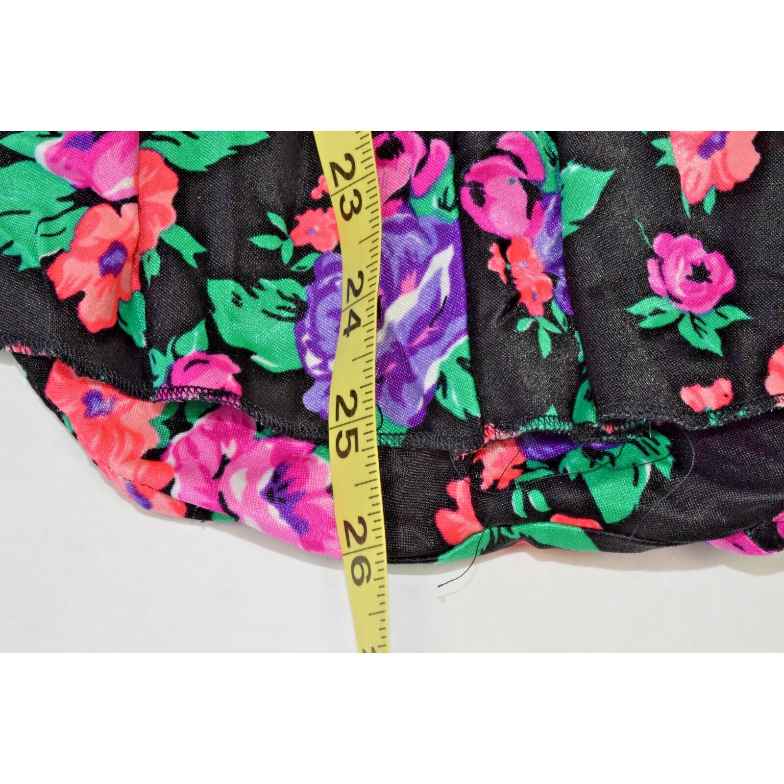 Vintage Swimsuit Size S/M 80s Glossy Black Pink Purple Flowers Full Skirt Bra