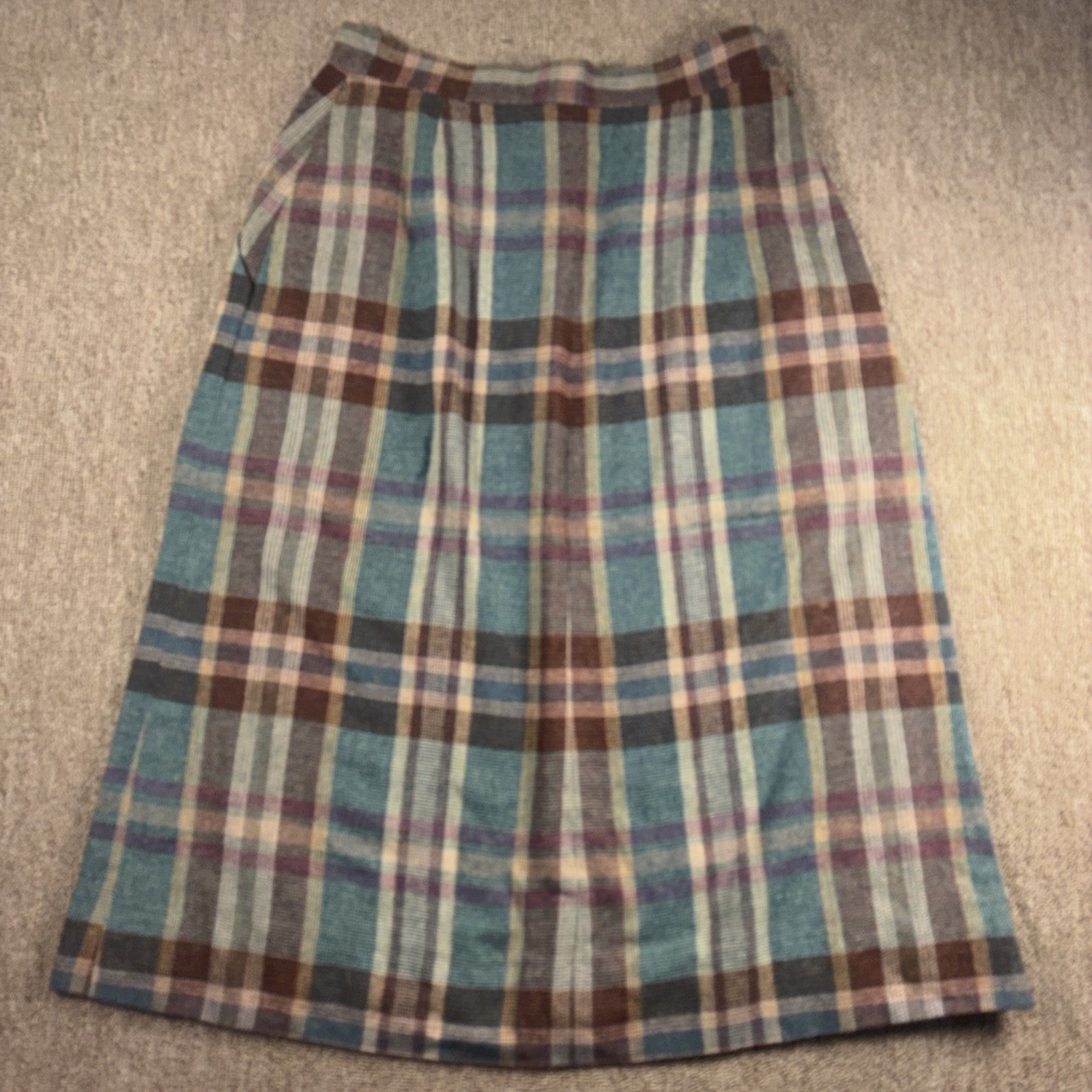 Vintage 1950s Handmade Plaid A-Line Midi Skirt Robin Zipper Teal Burgundy 27W