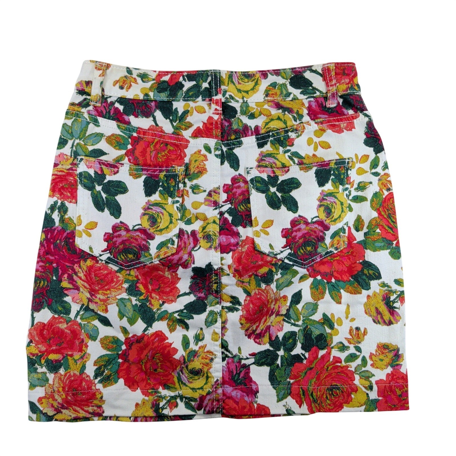 Maeve Anthropologie Floral Denim Mini Skirt Button Front Rose Print Size 4