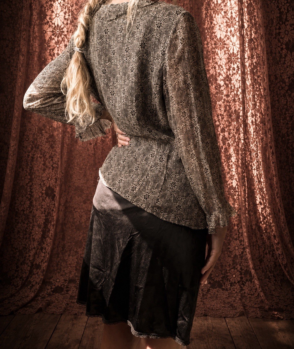 1990s black baroque silk blouse