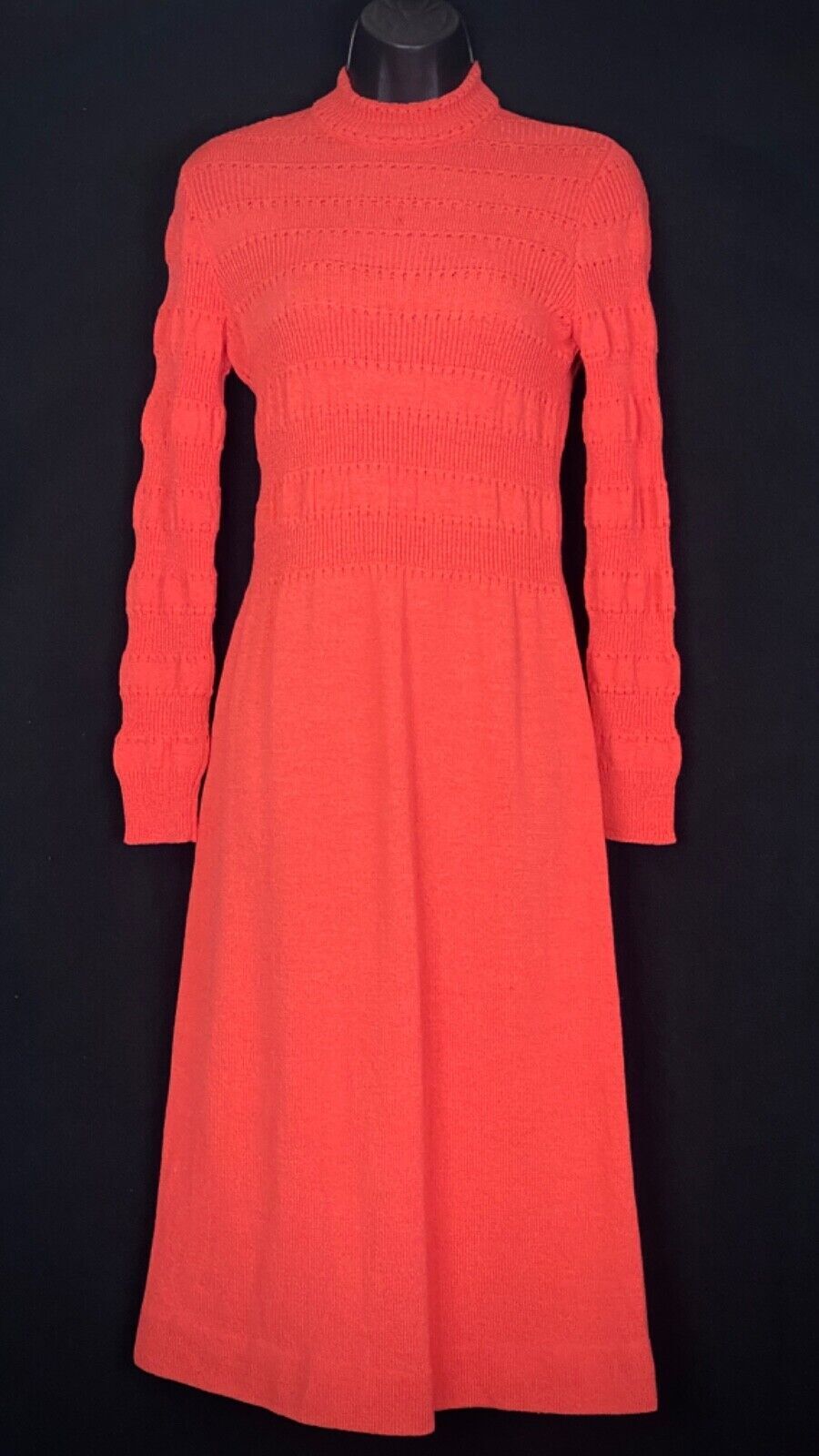 Vintage 1970s coral sweater dress, long sleeve orange knit salmon XS S