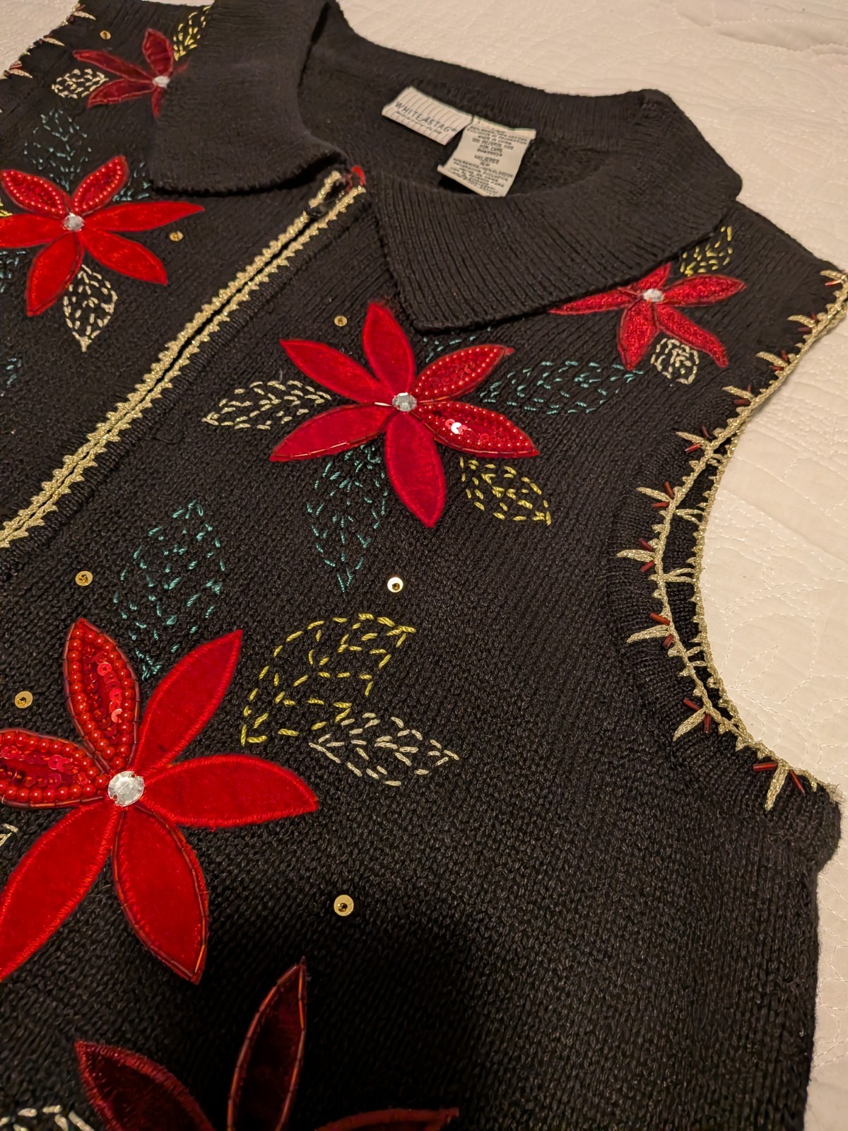 Green Gold Metallic Poinsettias Vest Fabric Panel Merry Christmas