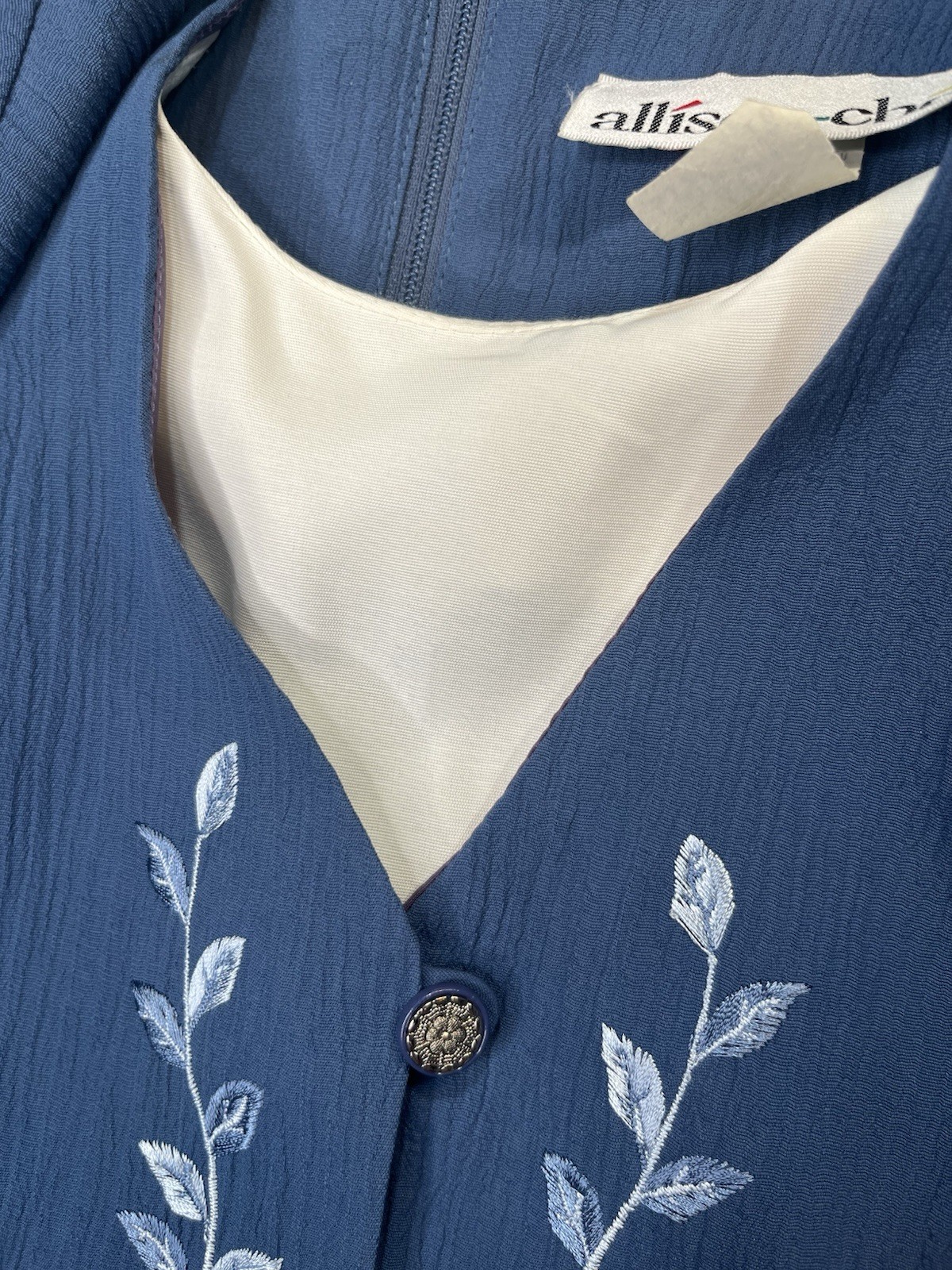 VTG Allison-Che Cottage Core Dress Blue Floral Embroidery Vest Size 10 90s