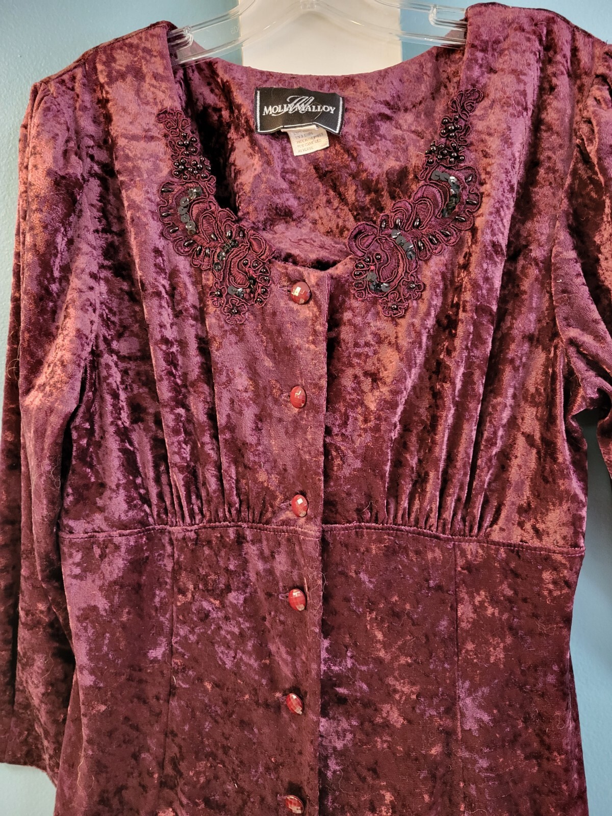 90s Vintage Molly Malloy Dress 10 Midi Length Burgandy Crushed Velvet