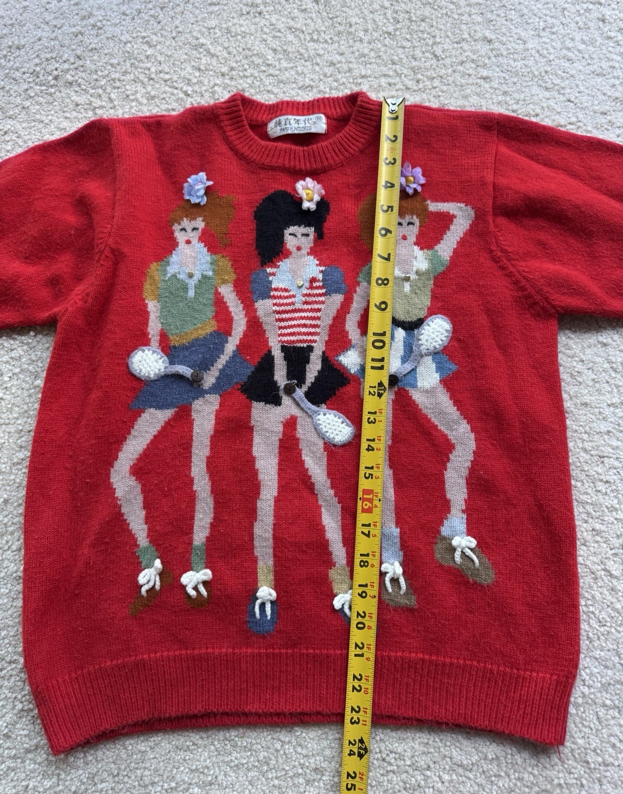 Vintage Tennis Women’s Sweater Novelty Knit Red Floral Applique Retro 80s 90s