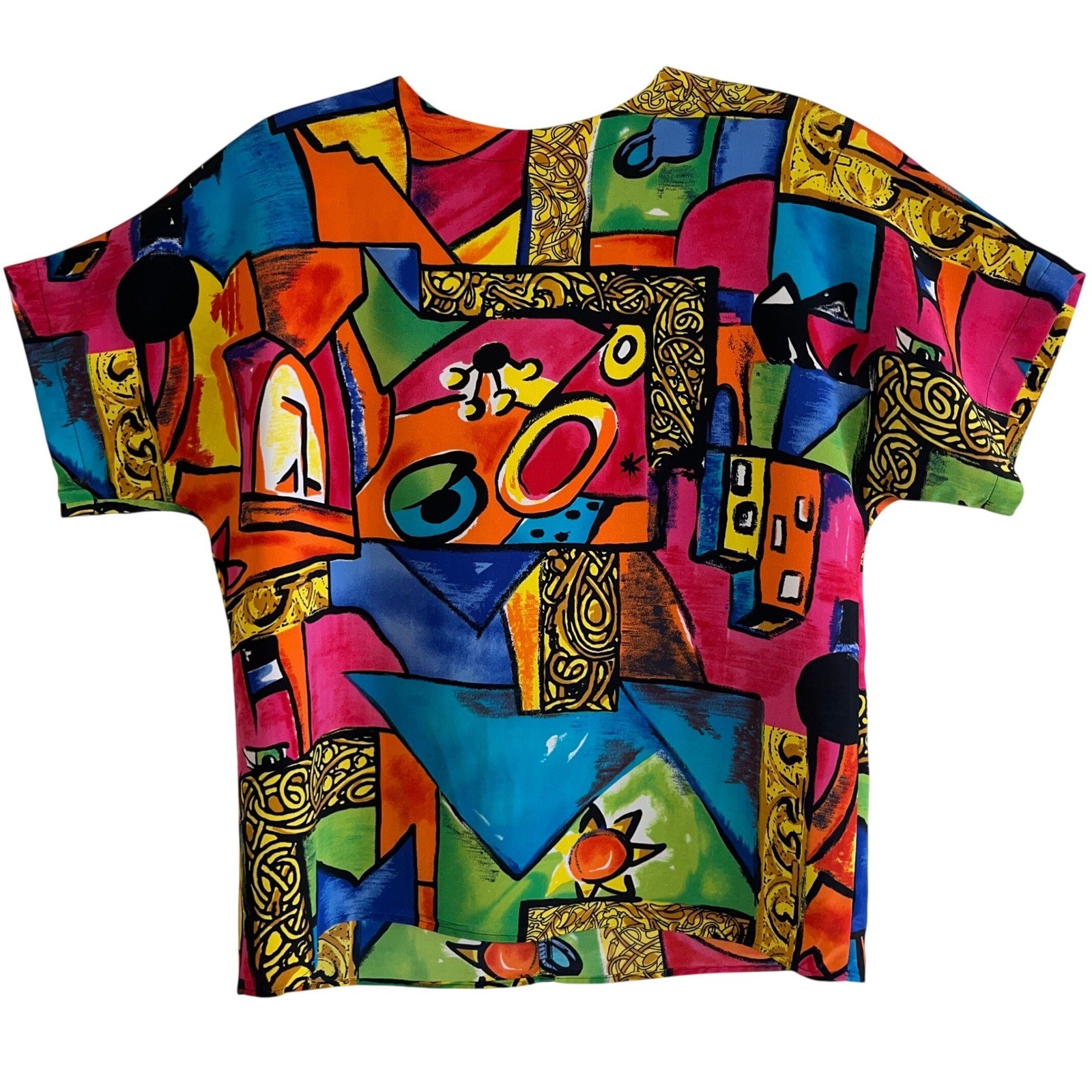 Vintage Renaissance Sportswear Abstract Art Print Blouse Short Sleeve Small USA