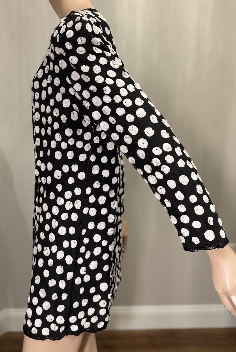Vtg Judith Ann Creations 100% Silk Beaded Sequin Jacket Black White Polka Dot M