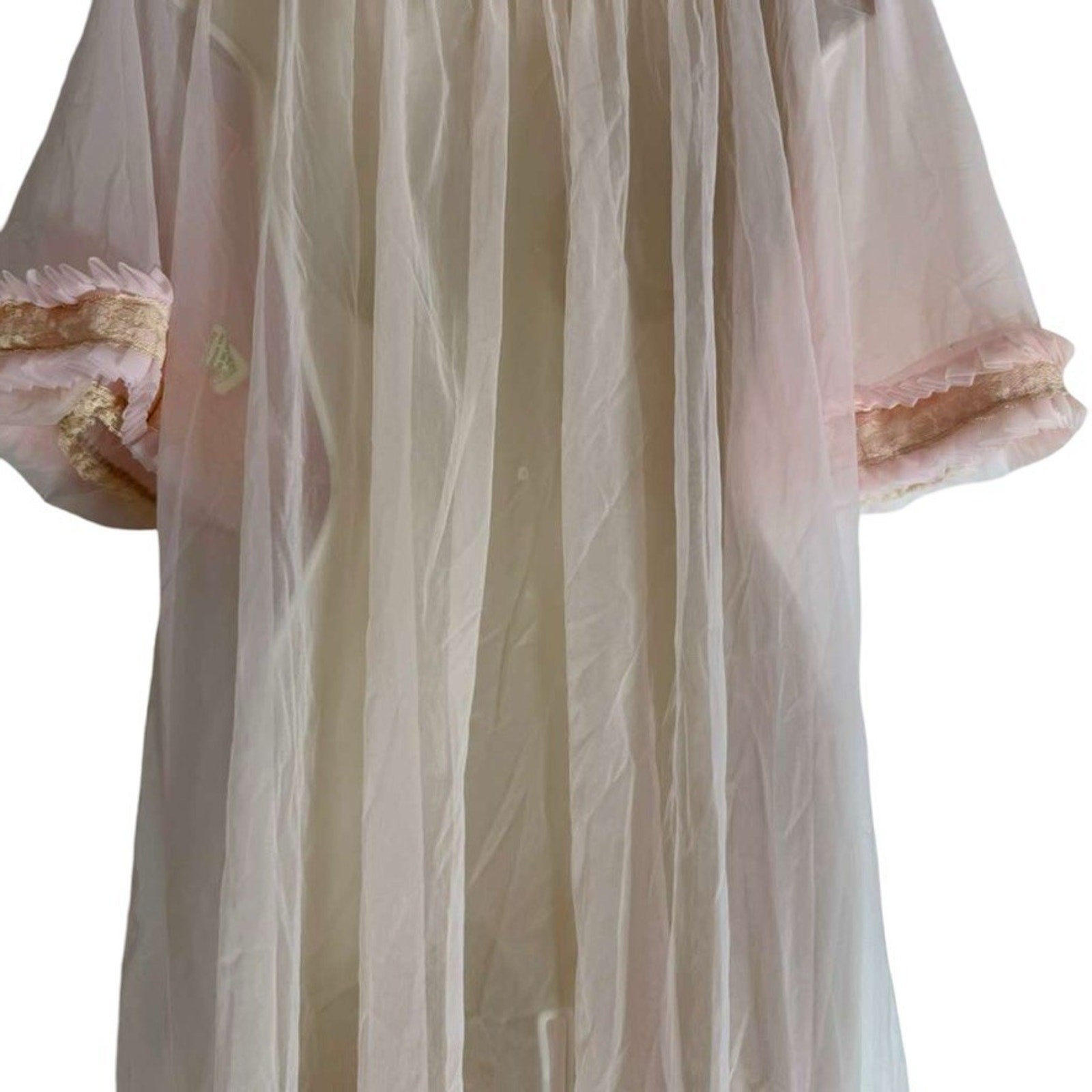 Vintage Unbranded Sheer Pink Lingerie Pleated Ruffle 60s Robe Long Length sz L